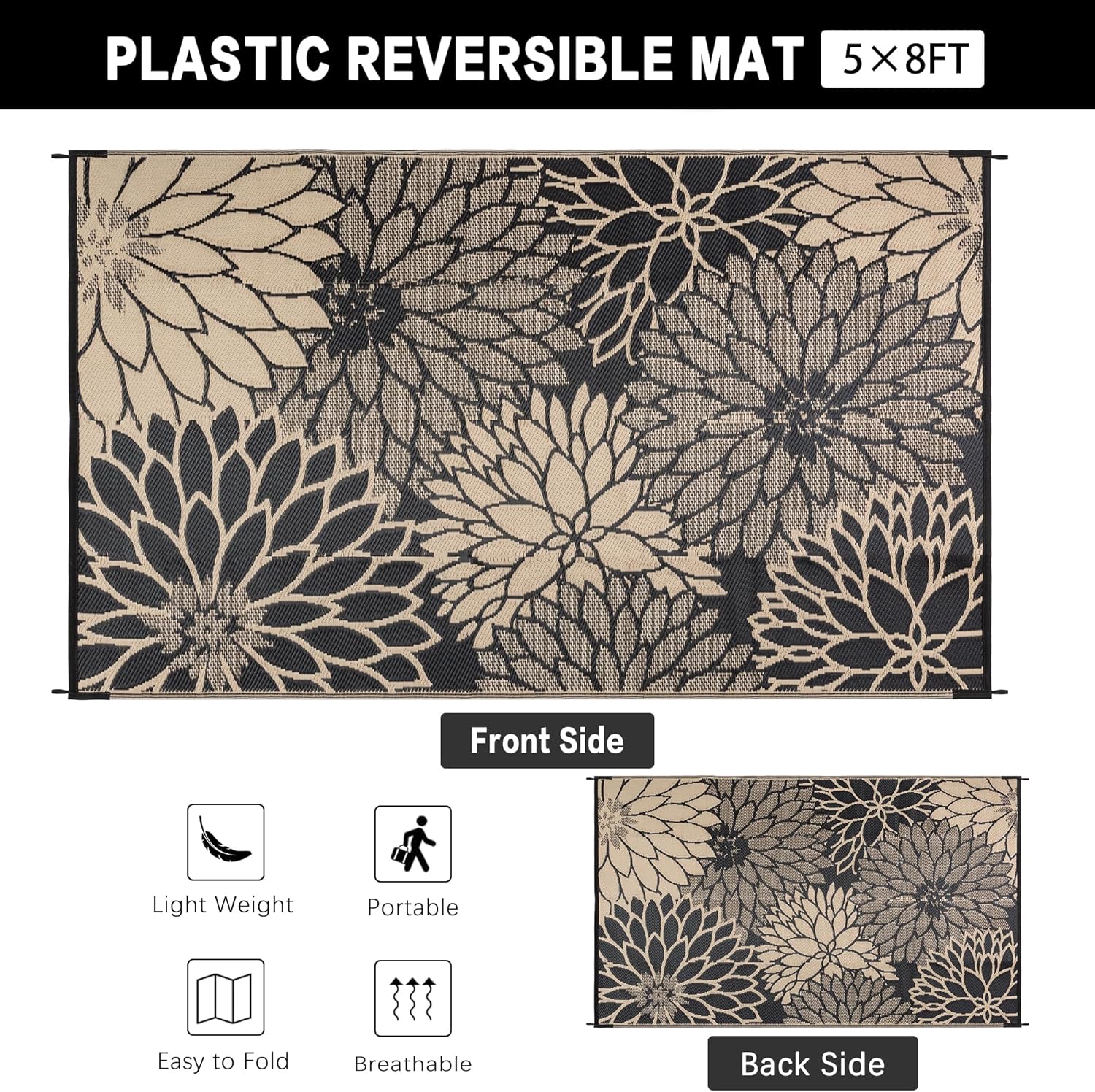 HUGEAR 5'x8' Outdoor Rug Waterproof Plastic Straw Rugs Brown Reversible Floral Mat Floor Carpet for Camping RV Deck Entryance Porch Picnic Balcony Beach Backyard