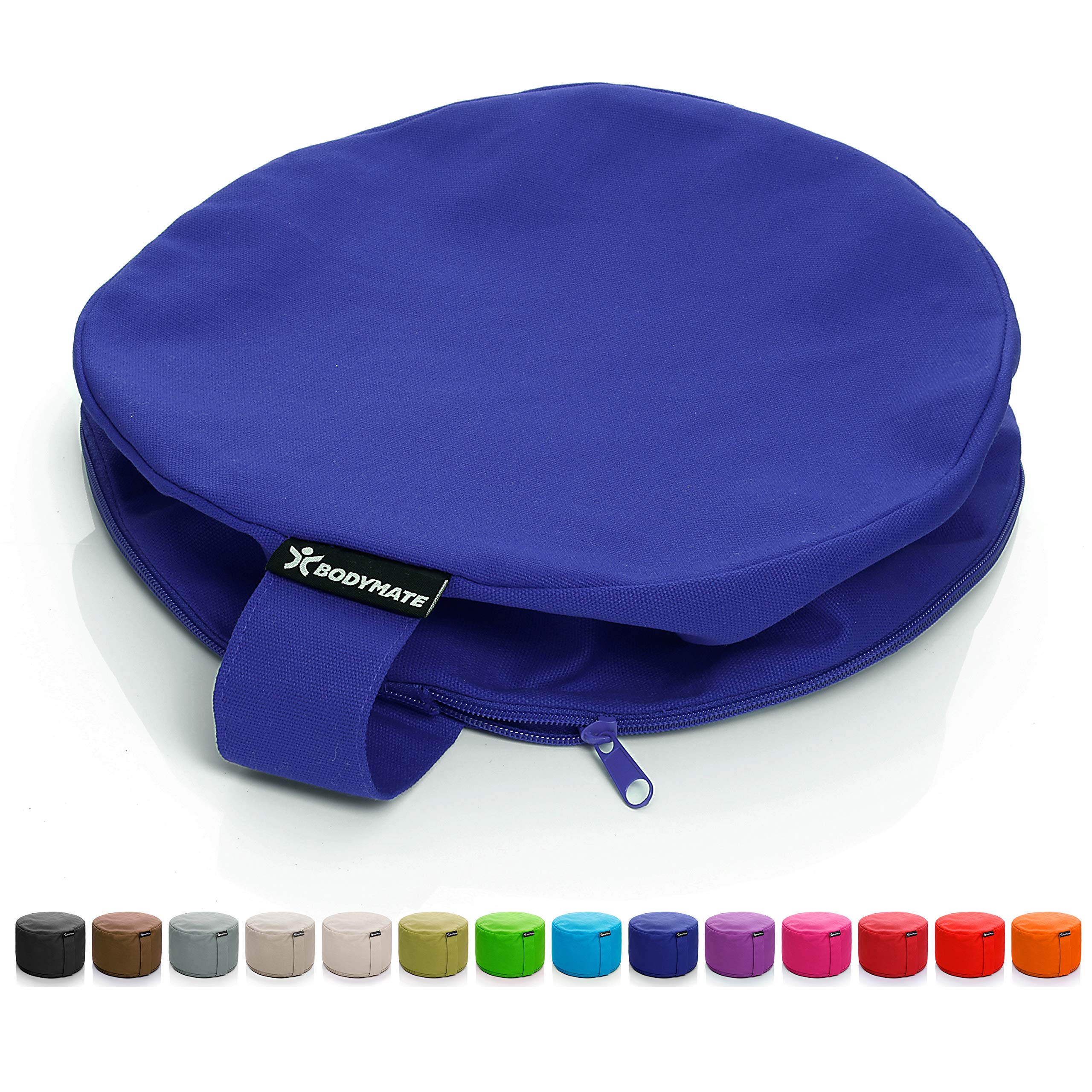 BODYMATE Cojín de Yoga Redondo extraalto | 31 cm diámetro 20 cm Alto | Relleno de cáscaras de Trigo sarraceno | Funda extragruesa y Lavable en Lavadora de algodón 100% | Cojín de meditación