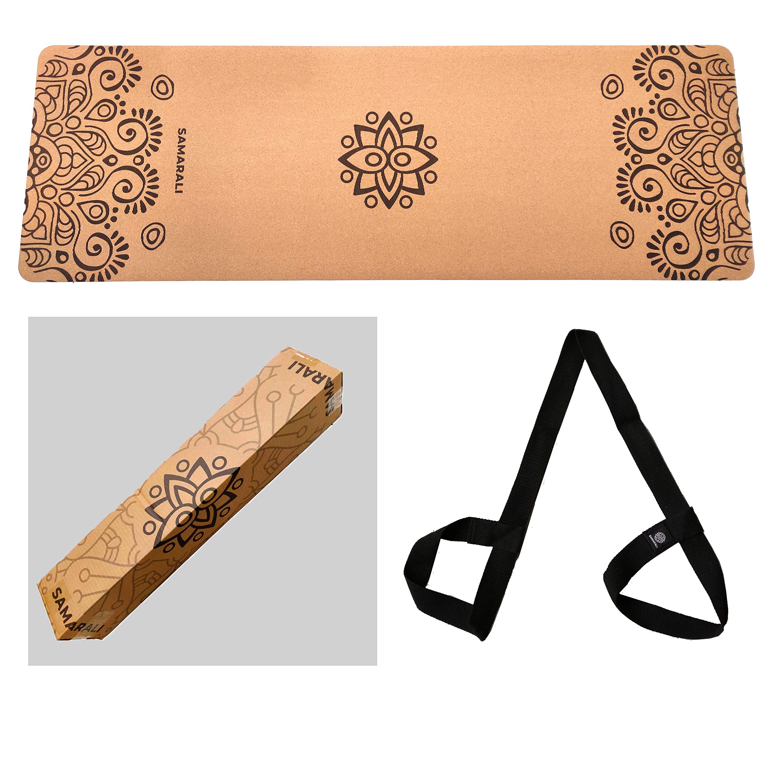 Sun Eclipse Tapis de yoga en liège et caoutchouc naturel Tapis d'exercice antidérapant écologique 183x61x0,4 cm avec courroie de transport et e-book".