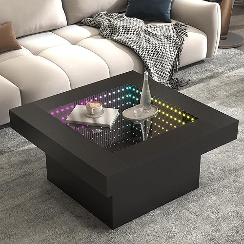 FKWin Mesas de centro modernas negras – Mesa de centro cuadrada con espejo de profundidad infinita con luces LED, mesa negra para sala de estar,