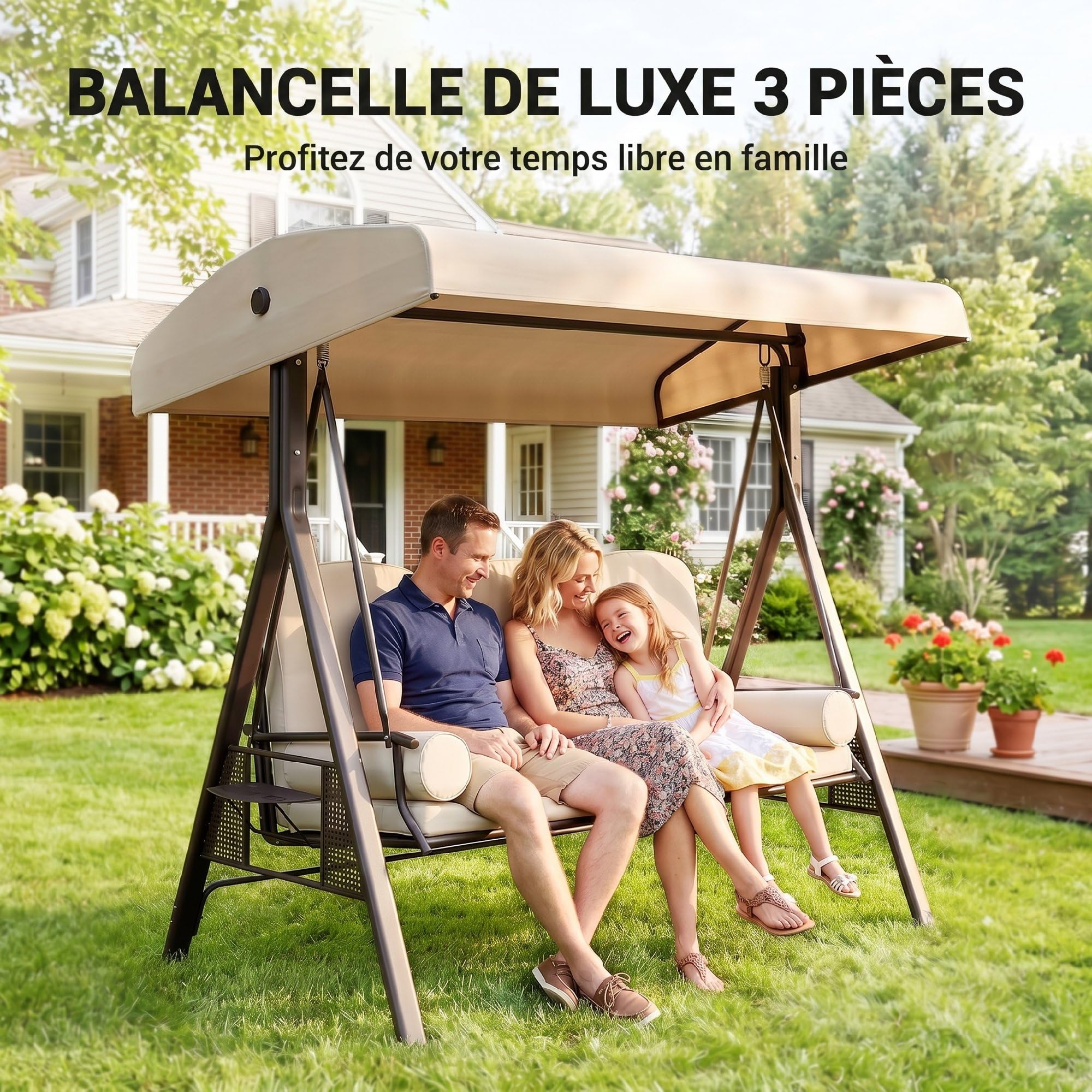 Outsunny Balancelle de Jardin 3 Places Grand Confort Toit Inclinaison réglable Coussins Plateaux rétractables Beige