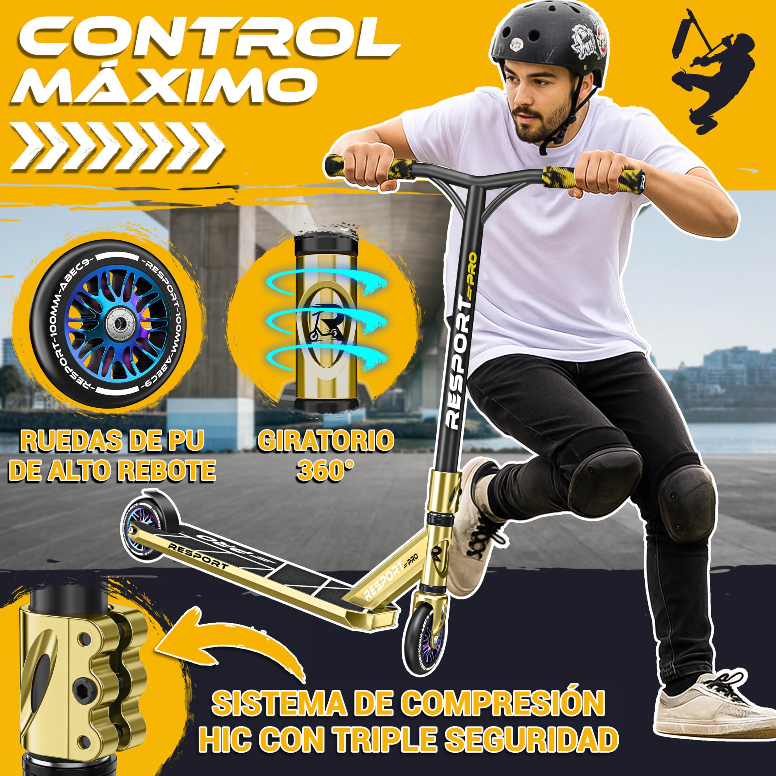 RE:SPORT Patinete de acrobacias Revo Pro para niños y adultos con soporte, patinete profesional de 110 mm, ruedas de poliuretano y barra en Y, patinete de acrobacias, patinete ABEC 9, rodamientos de — view 2