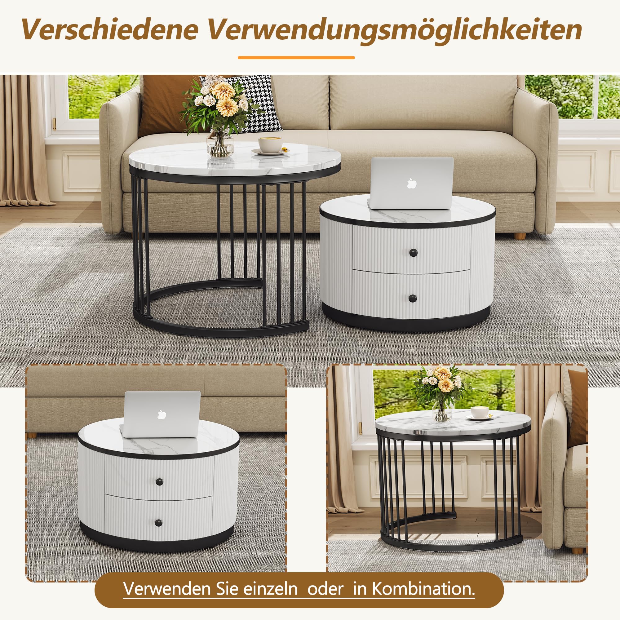 Merax Rund Couchtisch Set, 2-in-1 Beistelltisch Satztisch 2er Modern Elegant Wohnzimmertisch mit Stauraum, Nesting-Kombination, mit hochglänzender Marmoroptik/2 Schubladen, für Wohnzimmer Büro(Weiß