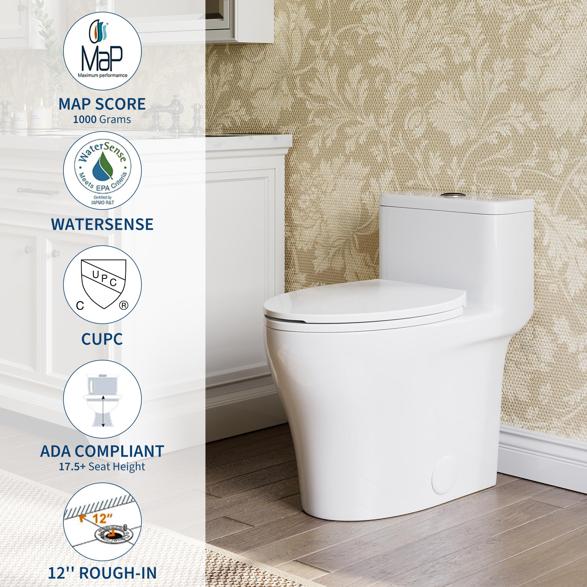 ADA Toilette monobloc allongée, hauteur confortable et siège à fermeture amortie, double chasse d'eau 0,8/1,28 GPF, MAP 1000 g, blanc moderne