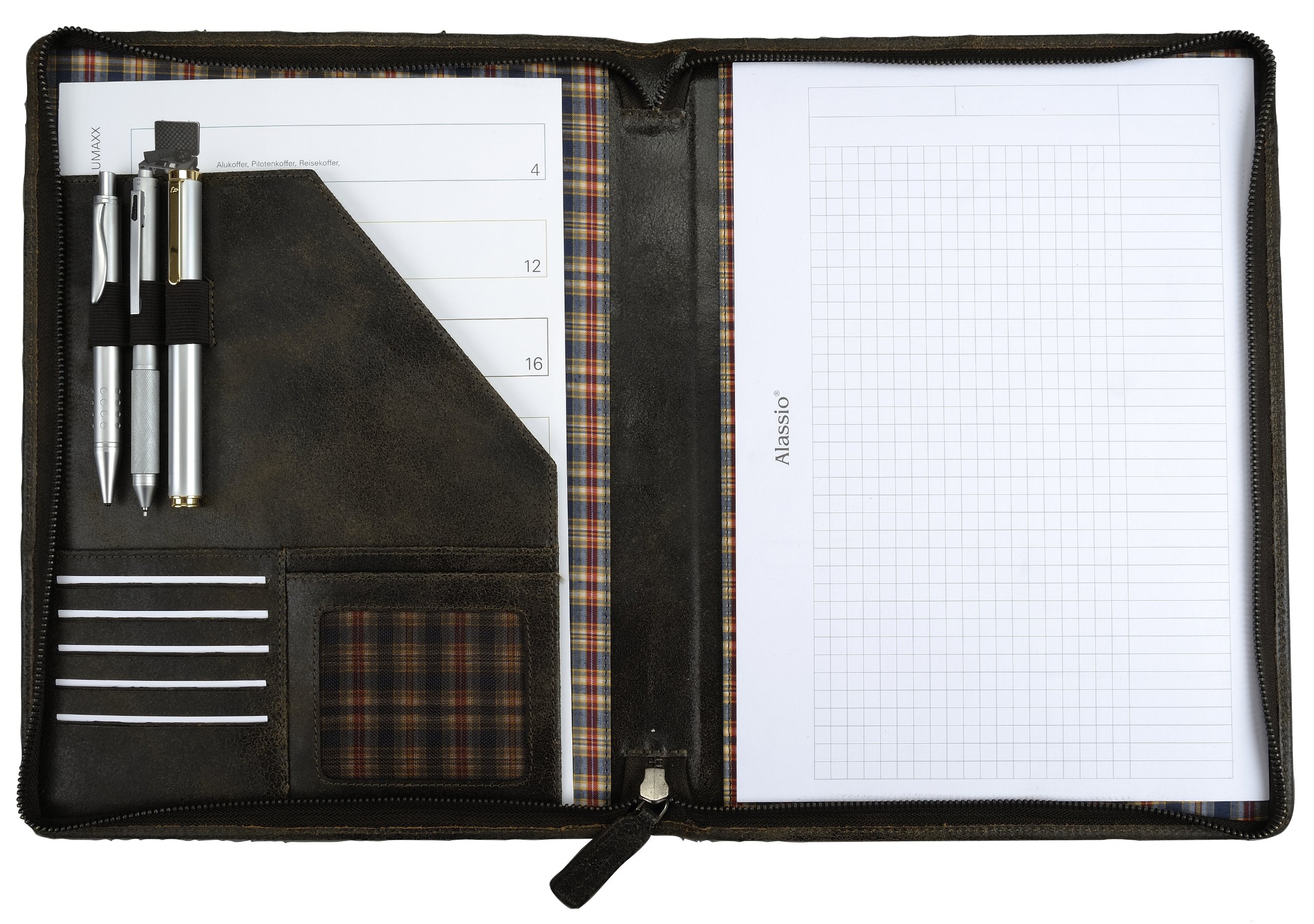 Pride and Soul 30106 Schreibmappe A4 mit Karo-Futter, Ledermappe im Vintage Look, Mappe mit 3 Stiftschlaufen, 5 Visitenkartenfächern und Netzfach, Aktenmappe aus echtem Leder, Aktentasche, Braun