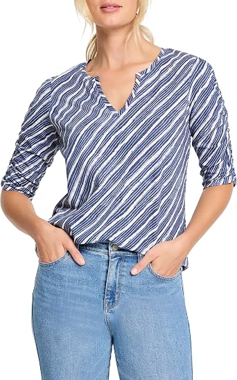NIC+Zoe Womens Mixed Stripe Ruched Sleeve Tee