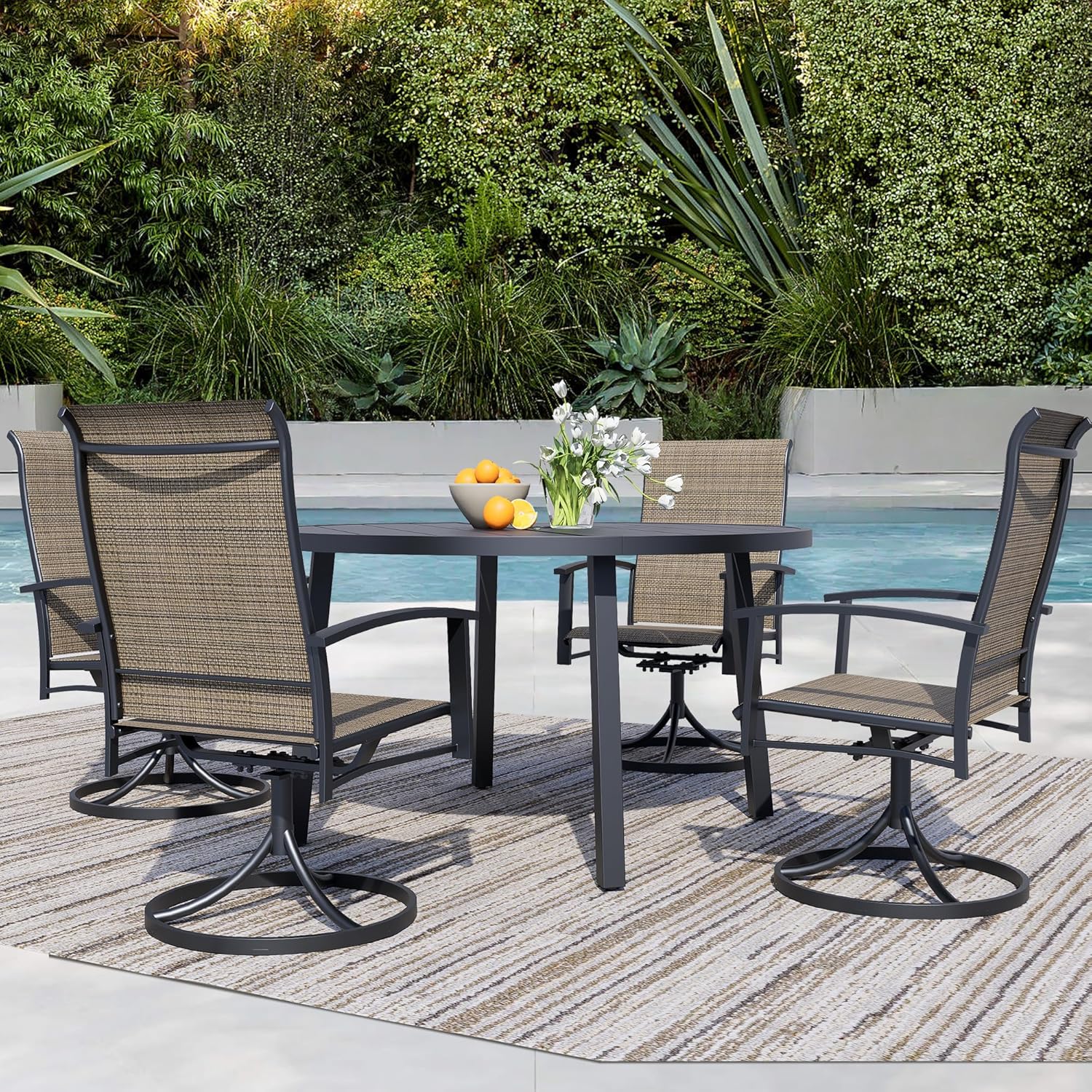 5 Pieces Outdoor Table and Chairs for 4, 42" Black Round Table with 4 Mocha Swivel Chairs, Patio Set with Swivel Chair, Garden Tables for Outdoor, Patio Dining Set for Lawn Backyard Poolside