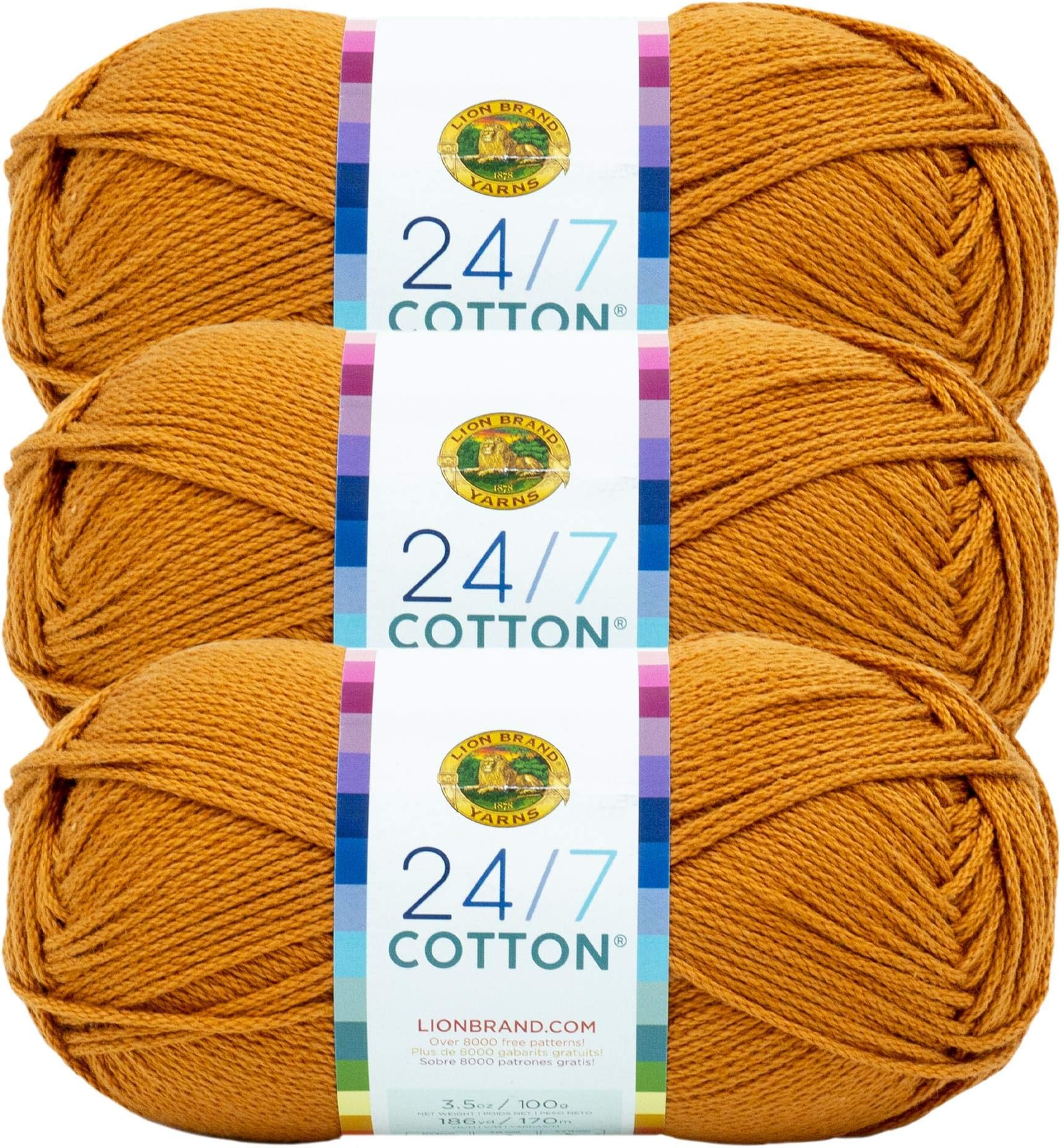 Lion Brand 24/7 Cotton Yarn, Yarn for Knitting, Crocheting, and Crafts, Amber, 3 Pack