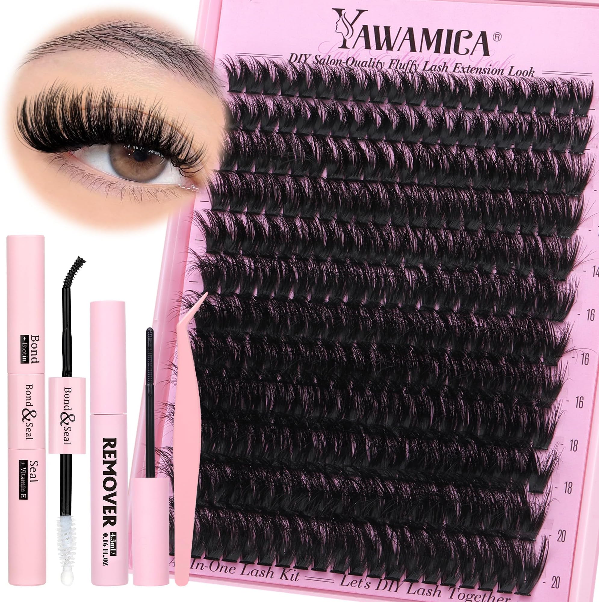 Fluffier Lash Clusters Kit with Remover Wispy Cluster Eyelash Extensions 12-20mm Eyelash Clusters 200D Volume Lash Extension Kit D Curly Cluster Lashes with Bond and Seal Remover Tweezers