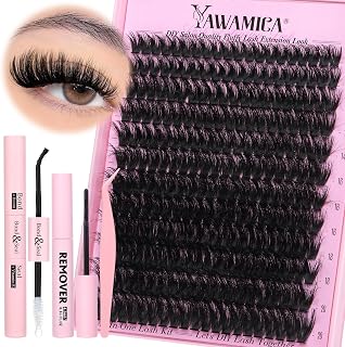Yawamica Fluffier Lash Clusters Kit with Remover Wispy Cluster Eyelash Extensions 12-20mm Eyelash Clusters 200D Volume Lash Extension Kit D Curly Cluster Lashes with Bond and Seal Remover Tweezers