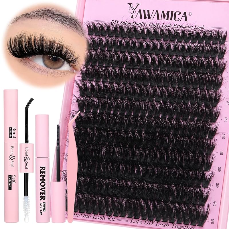 Kit de cílios em tufos Yawamica com curvatura D, 240 unidades de 12 a 20 mm, adesivo, selante, removedor e pinça