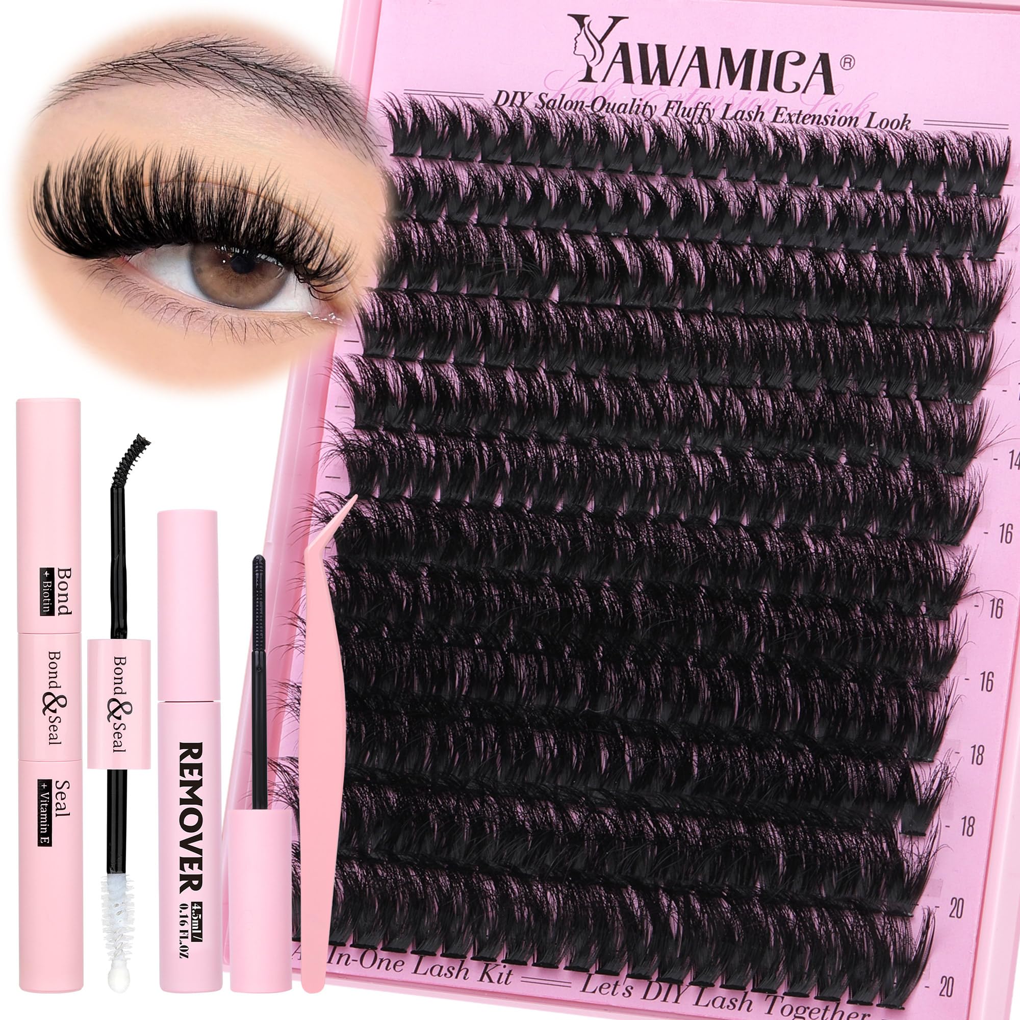 Yawamica Fluffier Lash Clusters Kit with Remover Wispy Cluster Eyelash Extensions 12-20mm Eyelash Clusters 200D Volume Lash Extension Kit D Curly Cluster Lashes with Bond and Seal Remover Tweezers