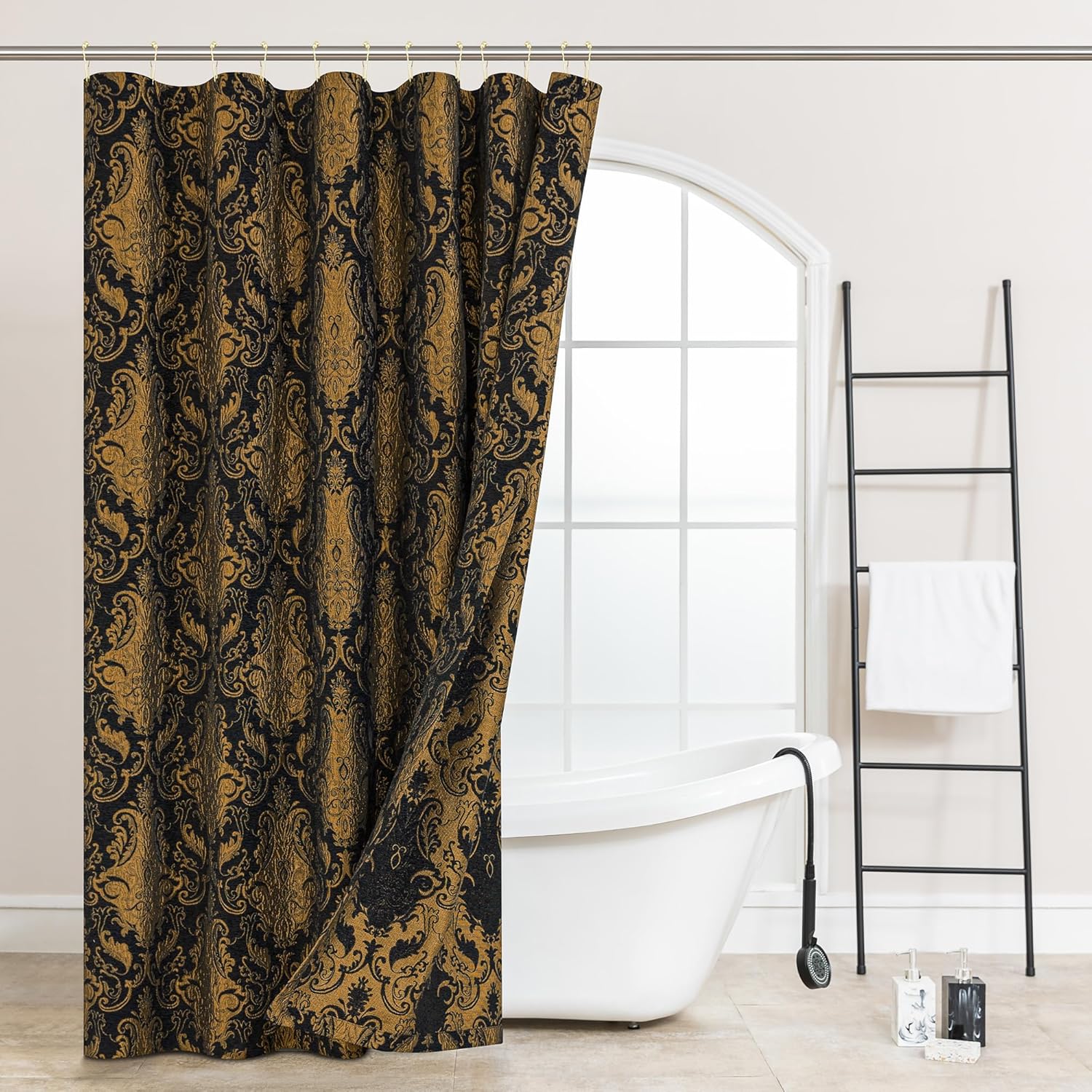 Loom and Mill Textured Fabric Shower Curtain Set With 12 Metal Hooks, Black Damask Bathroom Shower Curtain Sets Classic Medallion Design, Waterproof Heavyweight Shower Curtain For Home Bathroom(72x72)