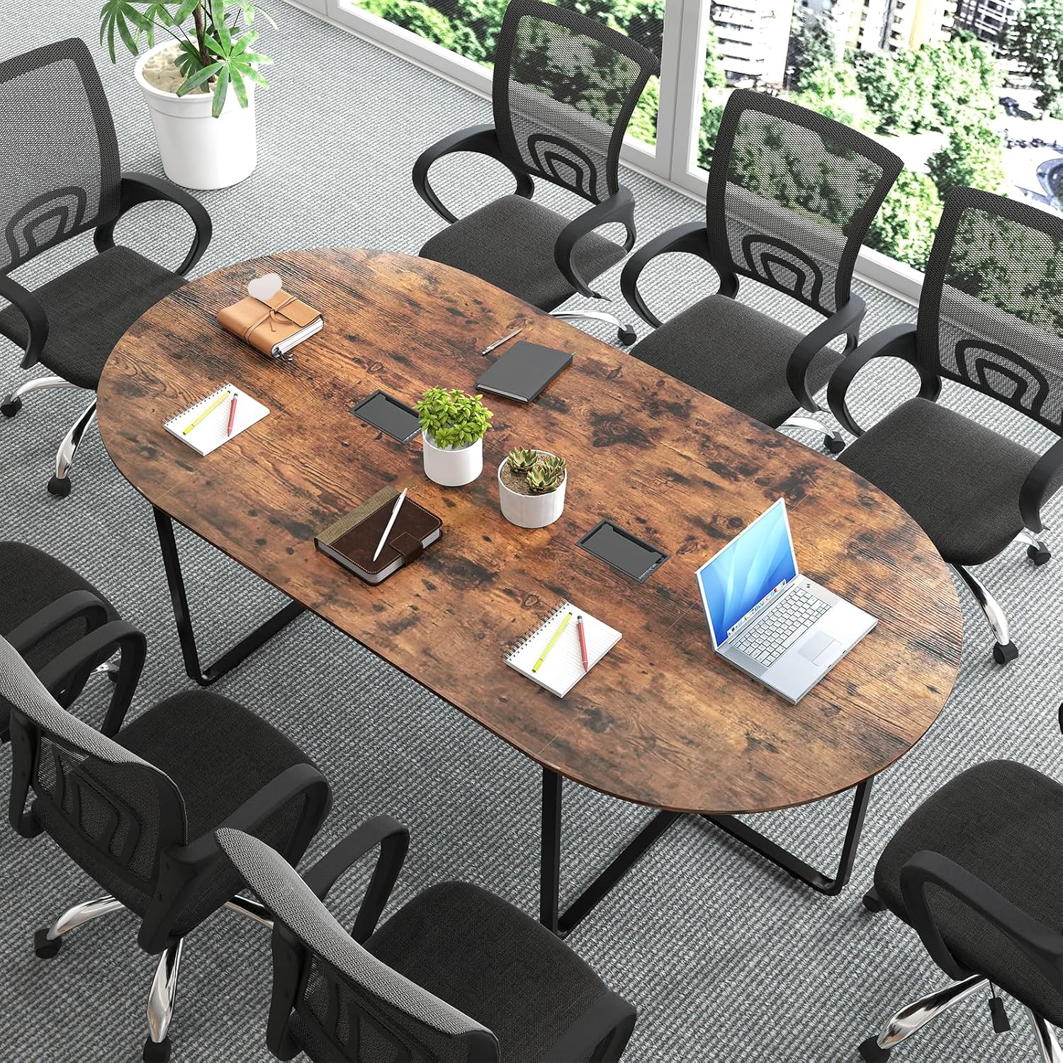 Giantex 95" Conference Table, Large Oval Meeting Table for 10-12 People with Dual Cable Holes & Metal Legs, Industrial Business Training Seminar Table for Office Conference Room Boardroom