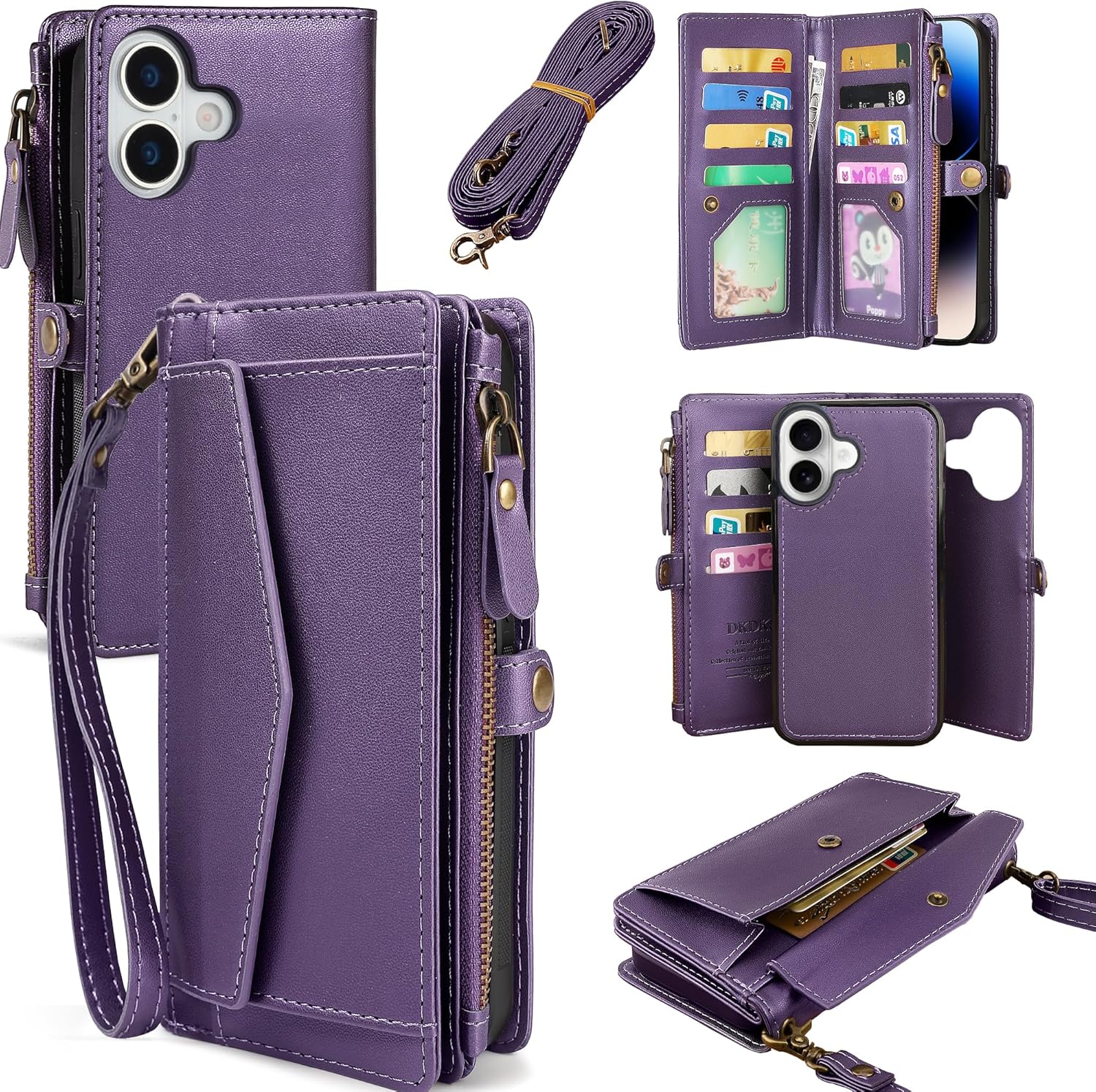 Compatible with iPhone 17 6.3" Wallet Case with RFID Blocking Card Holder for Women, PU Leather Flip Zipper Wallet Detachable Magnetic Phone Case Crossbody Strap, Purple