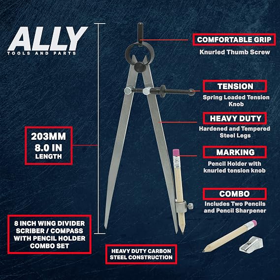 ALLY Tools 8 Inch Precision Locking Spring Divider/Woodworking Compass with Pencil Holder INCLUDES Two Pencils and Pencil Sharpener Ideal for Drawing, Drafting, Carpentry