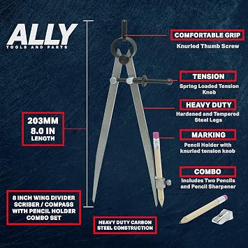 ALLY Tools 8 Inch Precision Locking Spring Divider/Woodworking Compass with Pencil Holder INCLUDES Two Pencils and Pencil Sharpener Ideal for Drawing, Drafting, Carpentry