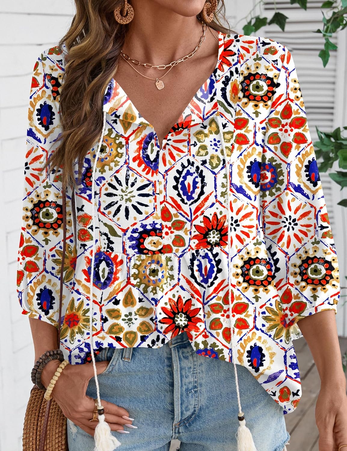 Rapbin Women Summer Boho Tops 3/4 Sleeve Pleated Blouses Casual V Neck Tie Front Spring Tunic Tops - Image 3