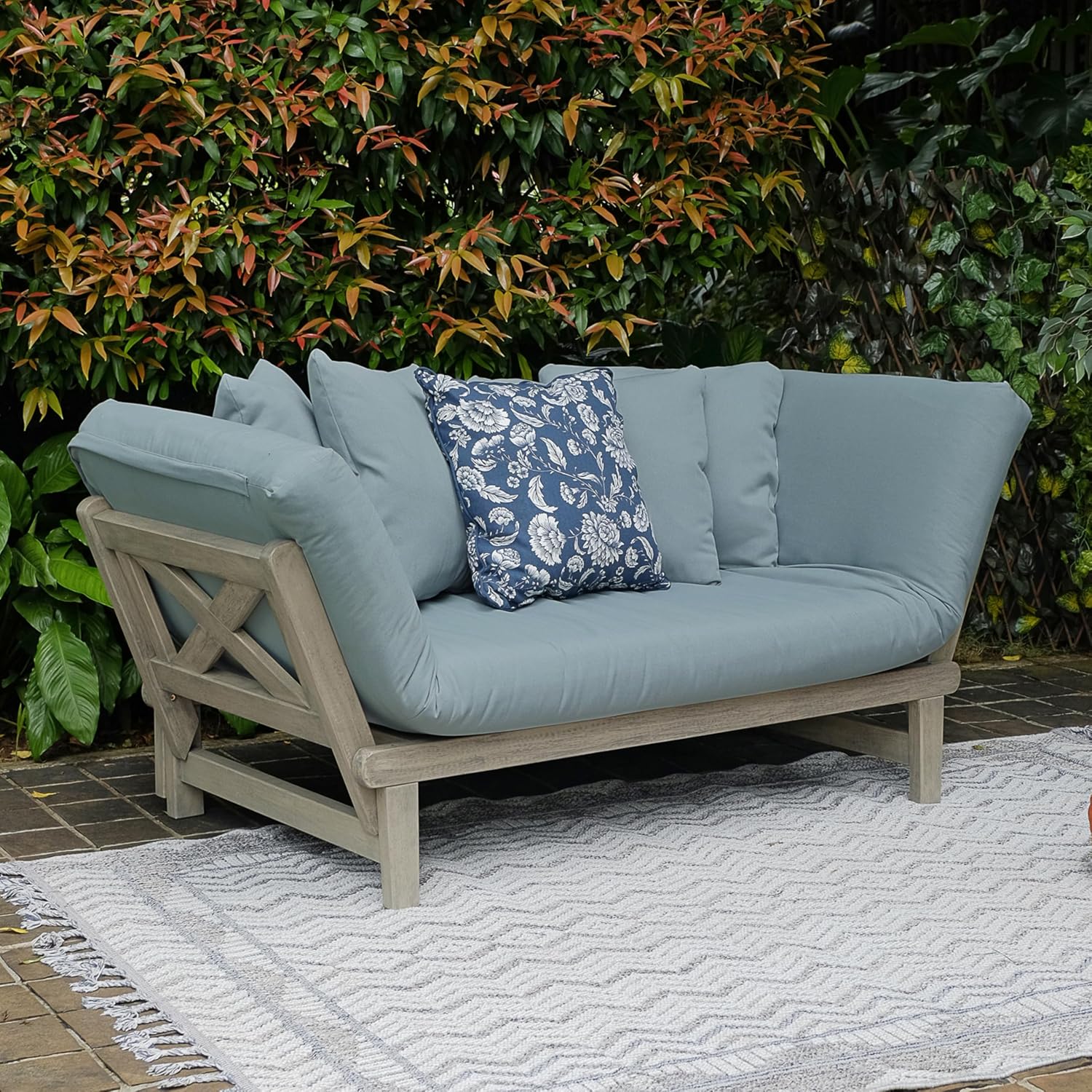Cambridge Casual West Lake Solid Wood Outdoor Convertible Sofa Daybed, Weathered Gray/Blue Spruce Cushion