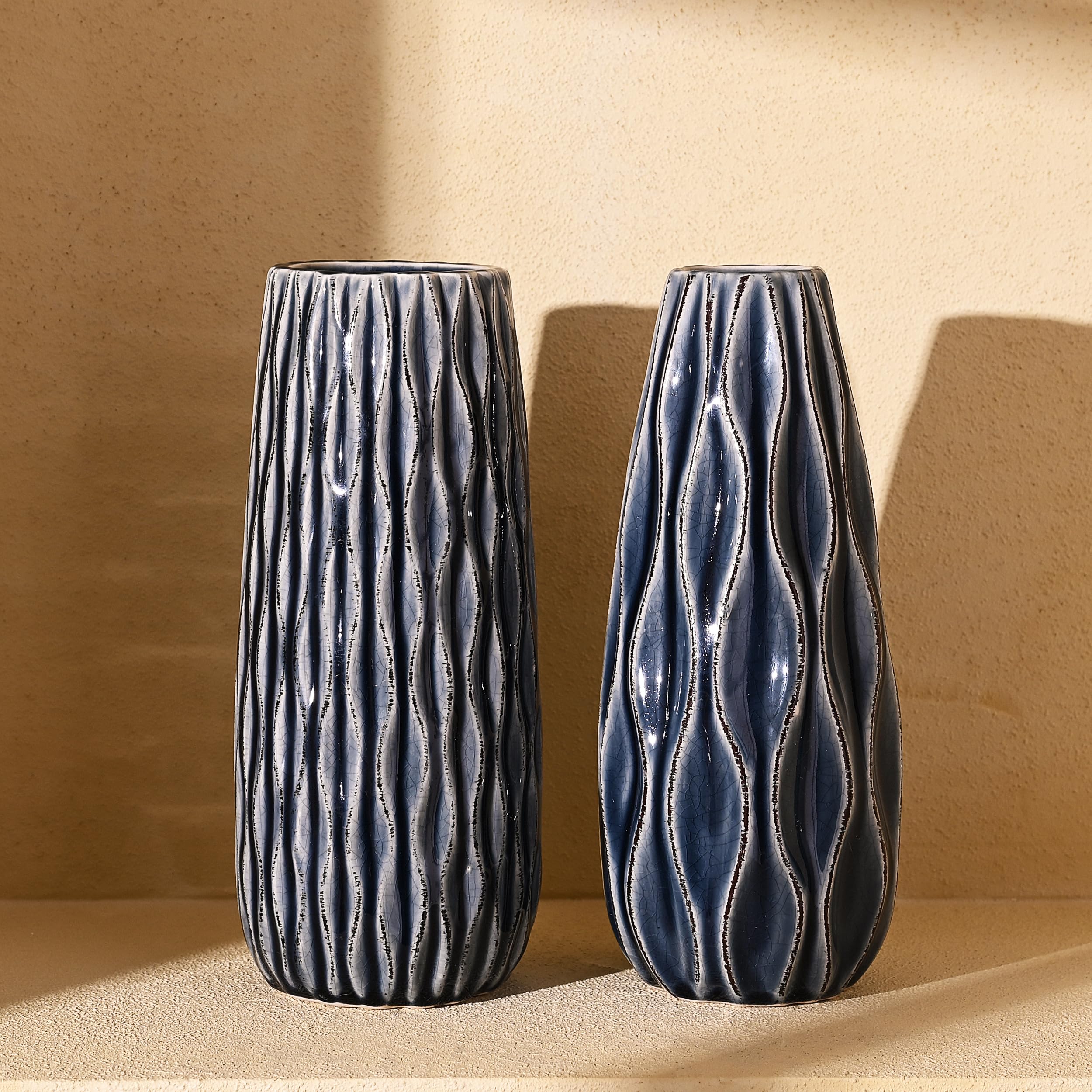 VICTOR & TERESA Ceramic Vase for Flowers,Set of 2 Decorative Vintage Blue Vases for Home Decor, Farmhouse Vases for Pampas Grass, Table, Mantel, Living Room,Shelf, Centerpieces, 9.4'', Gifts for Mom