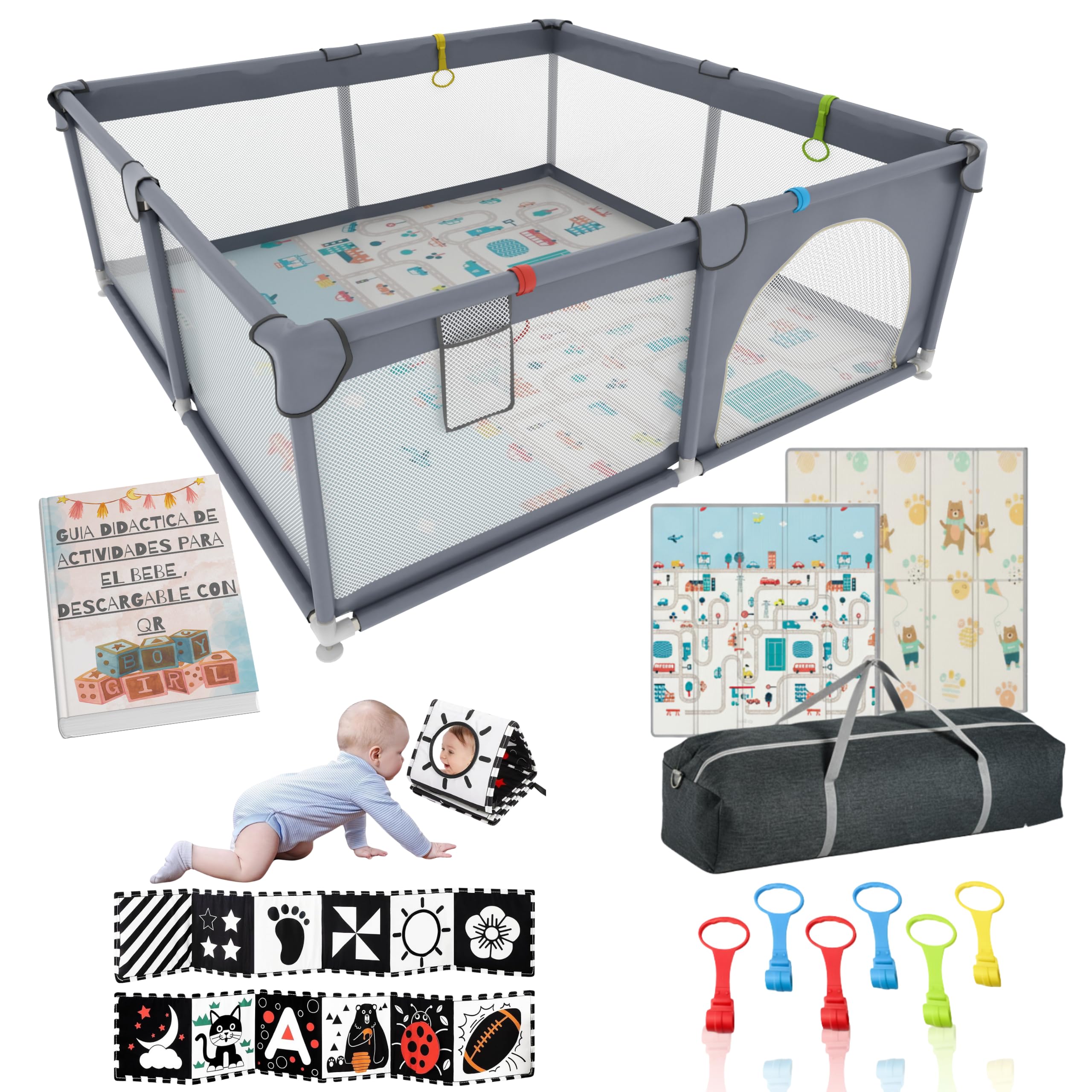 Corralito Bebé XL 150×180 cm + Alfombra Acolchada Reversible+6 Asas de Agarre + Bolsa de Transporte | guia didactica infantil+Contraste Libros de Tela Bebé