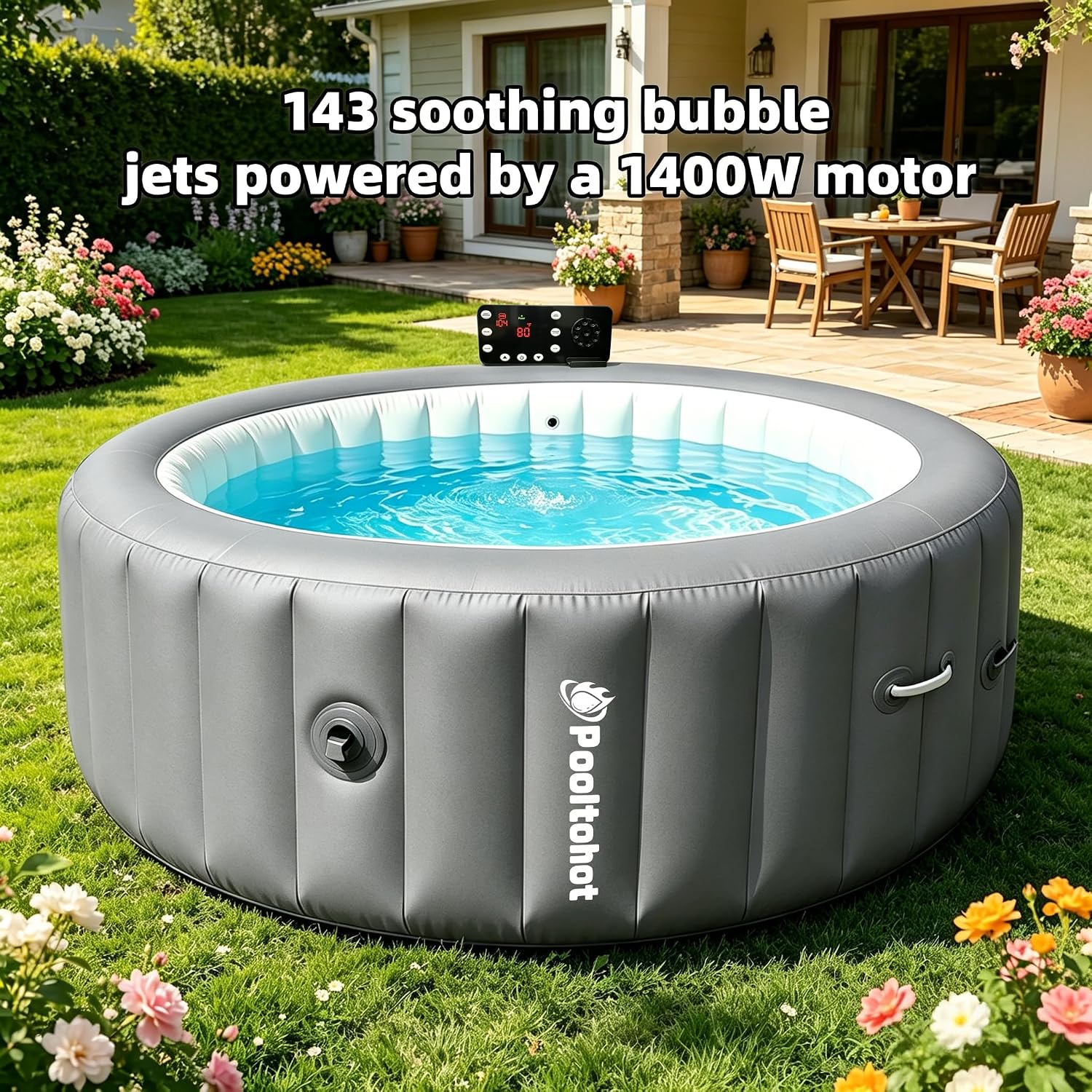 POOLTOHOT Inflatable Hot Tub 71" x 28", Portable Hot Tubs Built-in Heat Pump and 6-Color Lights for 2-4 Person, Blow Up Outdoor Hot Tubs with 143 Soothing Air Jets and Filter System for SPA (Grey)