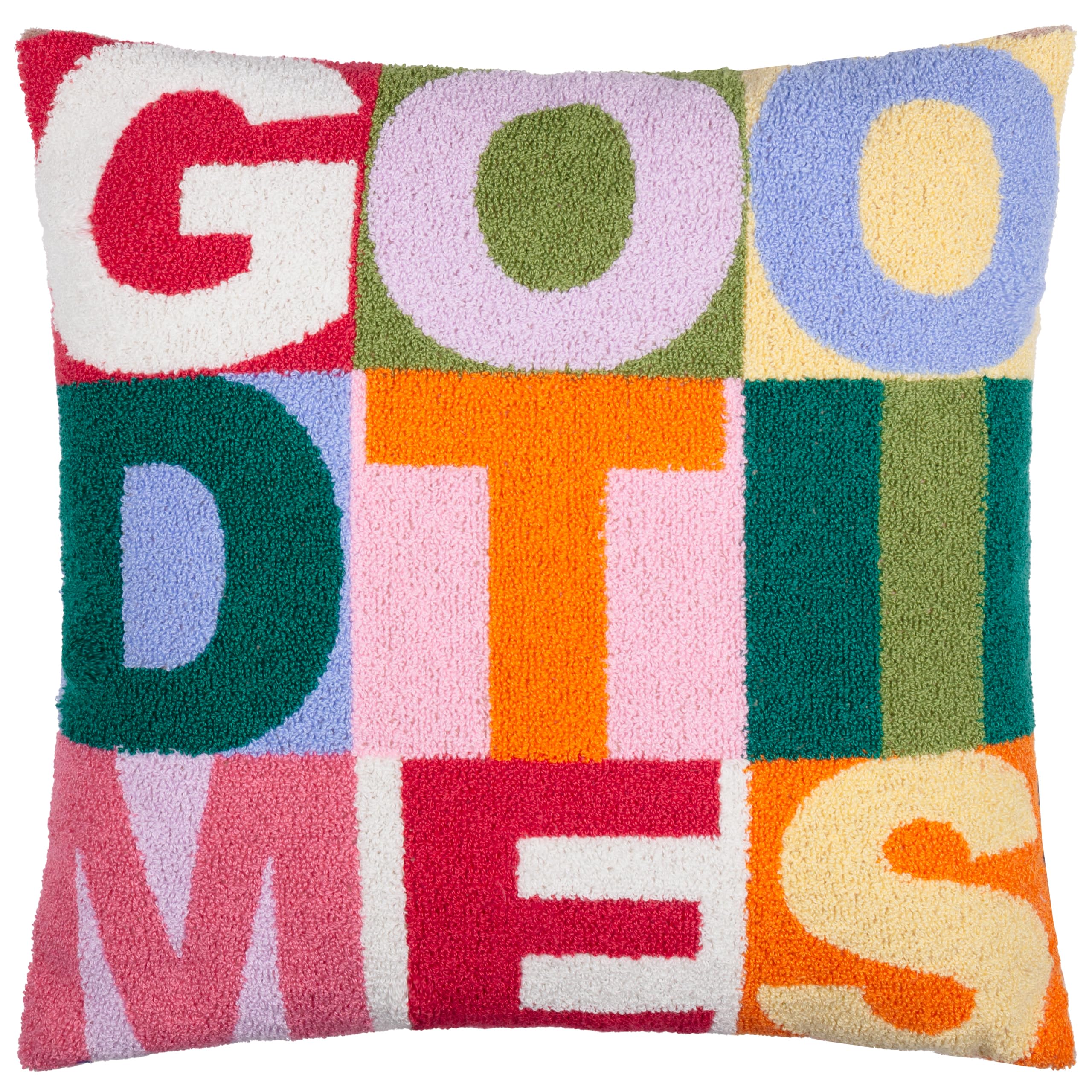 furn. Good Times Feather Filled Cushion – Reversible Colourful Slogan Tufted Micro Bouclé Decorative Pillow (Multicolour – 43x43cm)