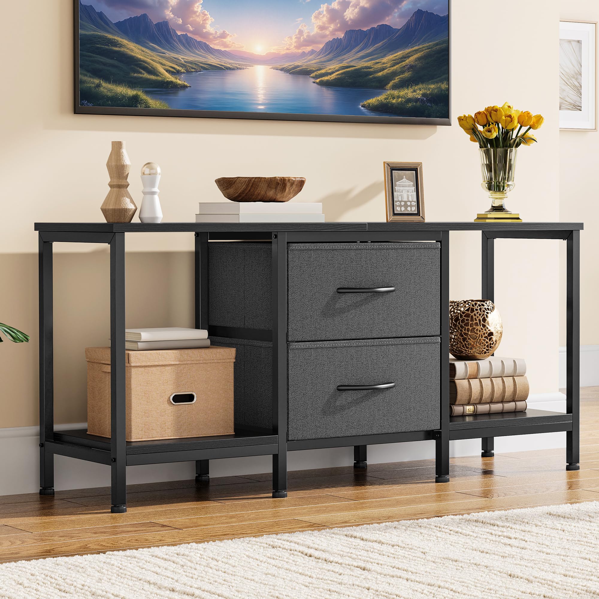YITAHOME Mobile TV fino a 47 pollici, mobile TV con 2 cassetti in tessuto e 2 ripiani aperti, 110 x 30 x 50 cm, cassettiera per soggiorno, sala d'intrattenimento, mobili per camera da letto, telaio in