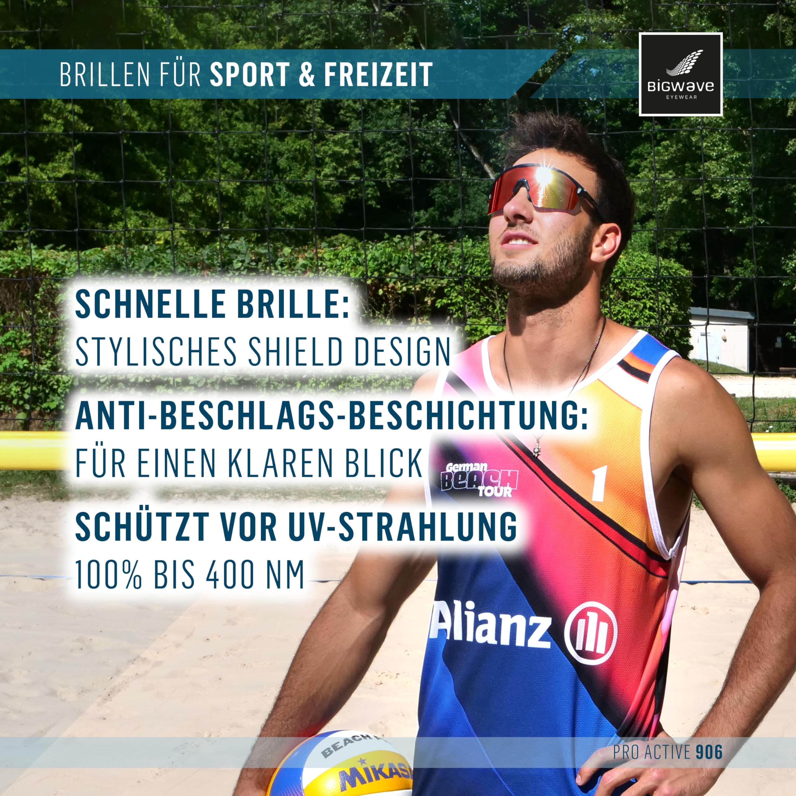 BIGWAVE 906 Sportbrille Schnelle Brille Fahrradbrille Sonnenbrille für Damen und Herren UV400 mit verspiegeltem Gläsern im Shield-Design. Anti-Beschlags-Beschichtung