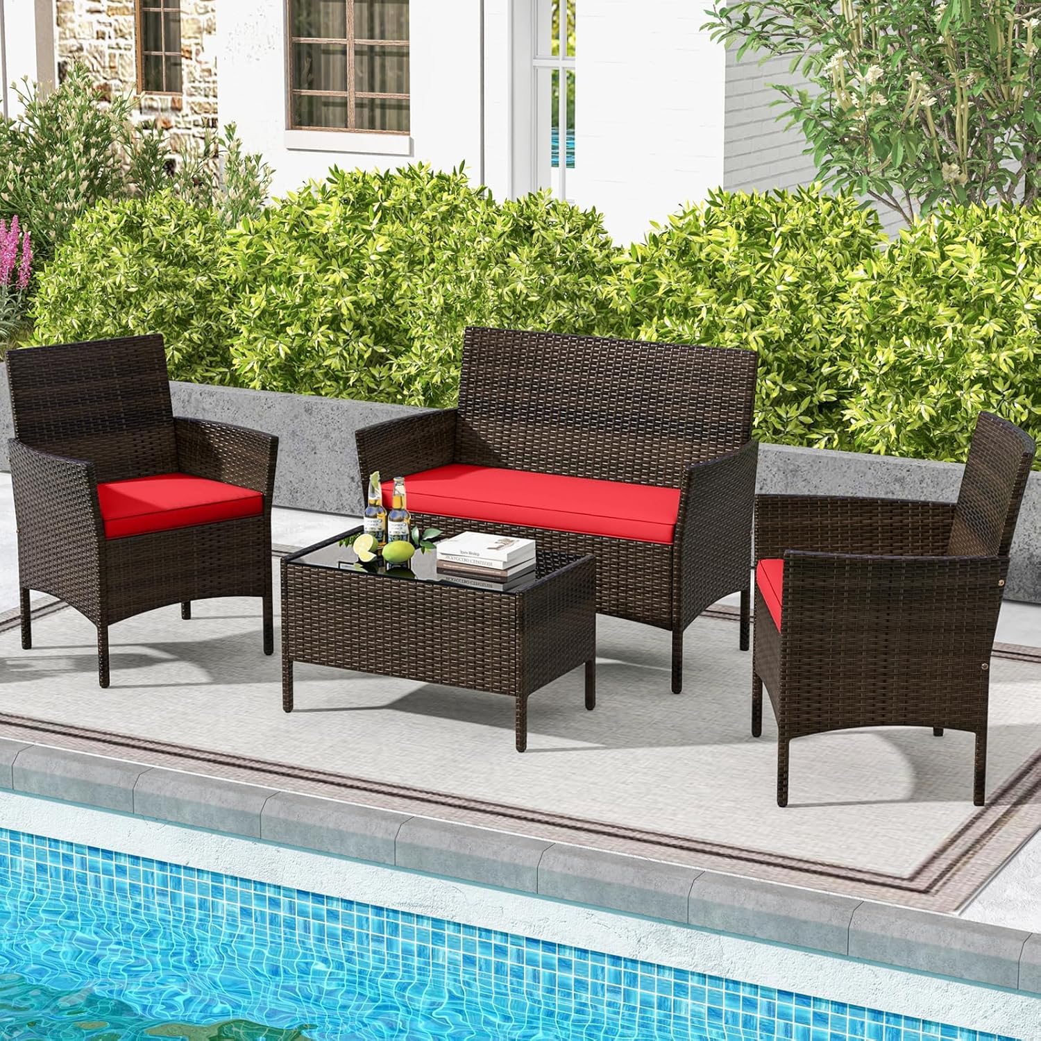 HAPPYGRILL 4pcs Patio Furniture Set Rattan Wicker Conversation Set with Tempered Glass Top Table, Outdoor Wicker Sofa Set with Removable Cushions for Poolside Garden Backyard