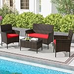 HAPPYGRILL 4PCS Patio Furniture Set Rattan Wicker Conversation Set Outdoor Patio Table Chair Set Wicker Sofas and Coffee Table Set for Garden Lawn Poolside