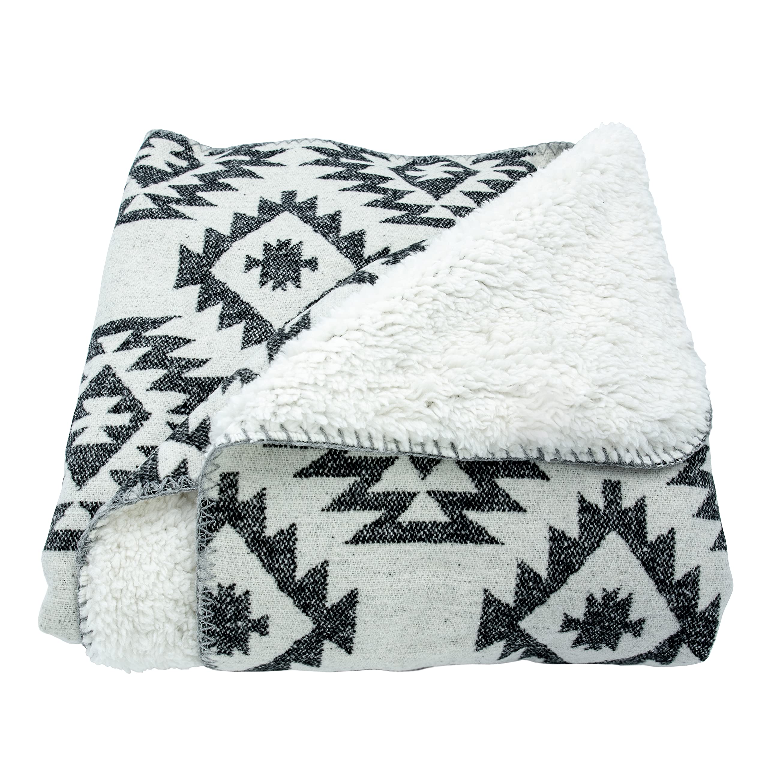 HiEnd Accents Paseo Road Southwest Aztec Design Throw with Sherpa Backing, Soft Cozy Warm Luxury Blanket, Black Geometri