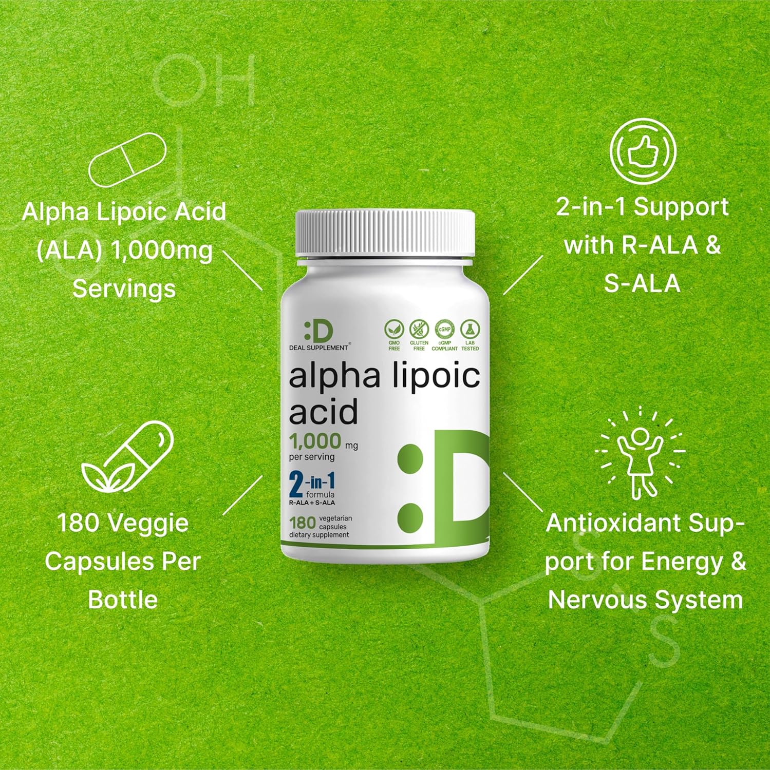 Alpha Lipoic Acid 1,000mg, 180 Veggie Capsules – 50/50 R-ALA & S-ALA for Max Bioavailability – Antioxidant Supplement – Energy & Nervous System Support – Non-GMO - Image 4
