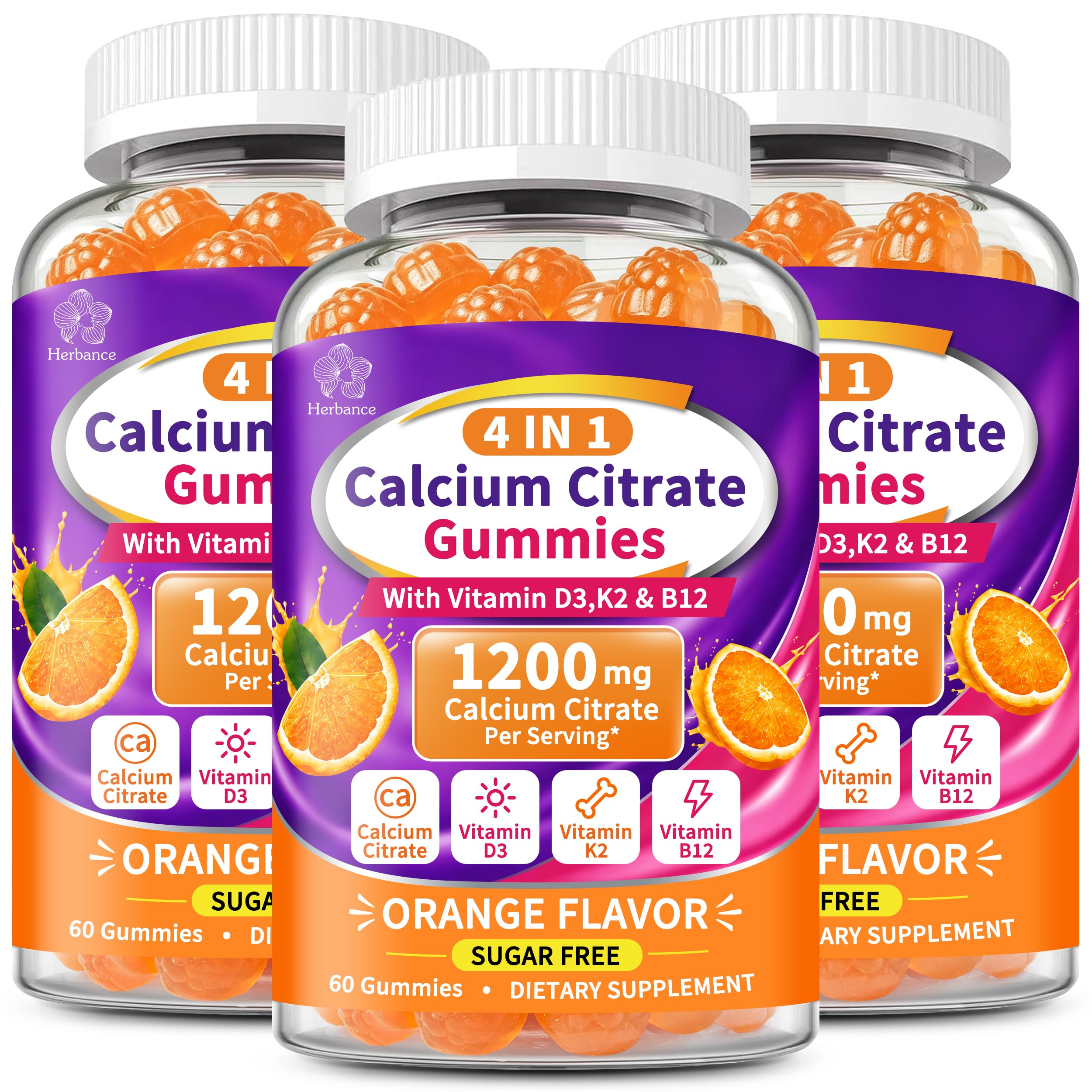 3 Packs Calcium Citrate Gummies 1200mg with Vitamin D3 K2 B12, 4-in-1 High Absorption Calcium Supplement for Women Men, Bone Teeth Muscle Support, Calcium Gummies for Adults,Sugar Free,Orange Flavor 60 Count (Pack of 3)