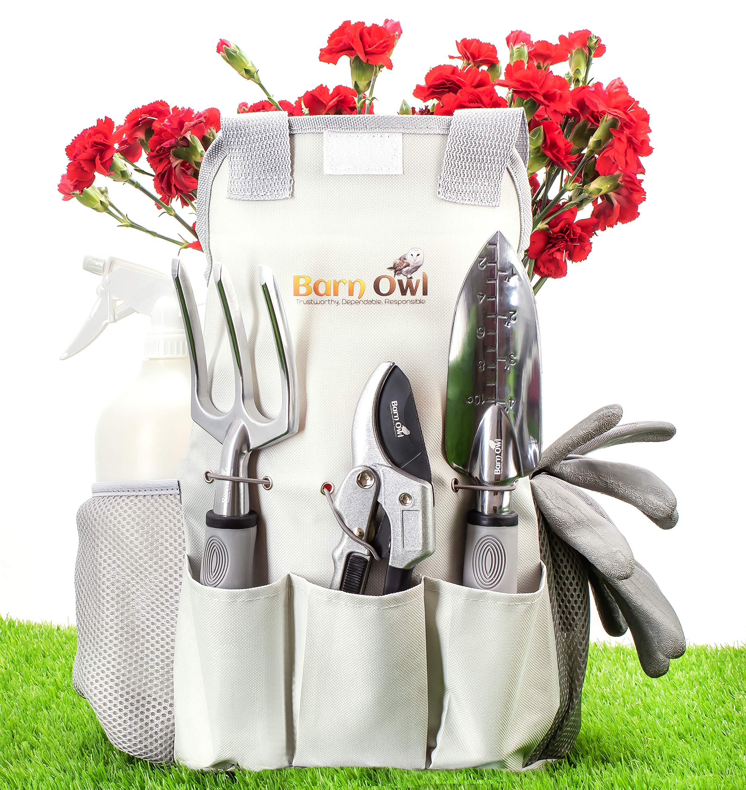 Barn Owl Stainless Steel Garden Tools 9 Piece Gardening Tools I Gardening Kit I Tool Sets with Heavy Duty Shear Non Slip Handle and Storage Tote Bag - Garden Gifts for Gardeners Men and Women