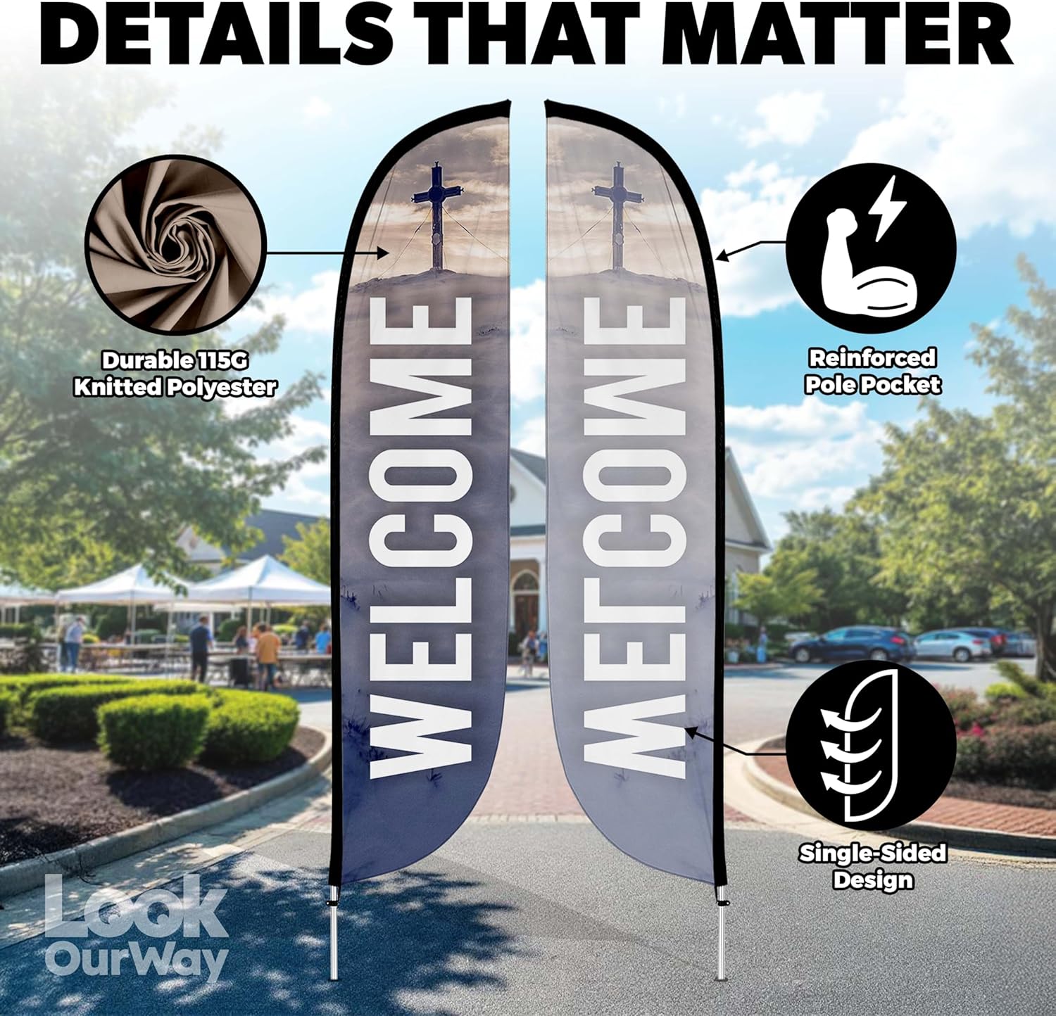 LookOurWay Feather Flag Set, 12 ft Advertising Flag with Fiberglass Poles and Ground Spike for Business Promotion, Church Theme (Welcome)