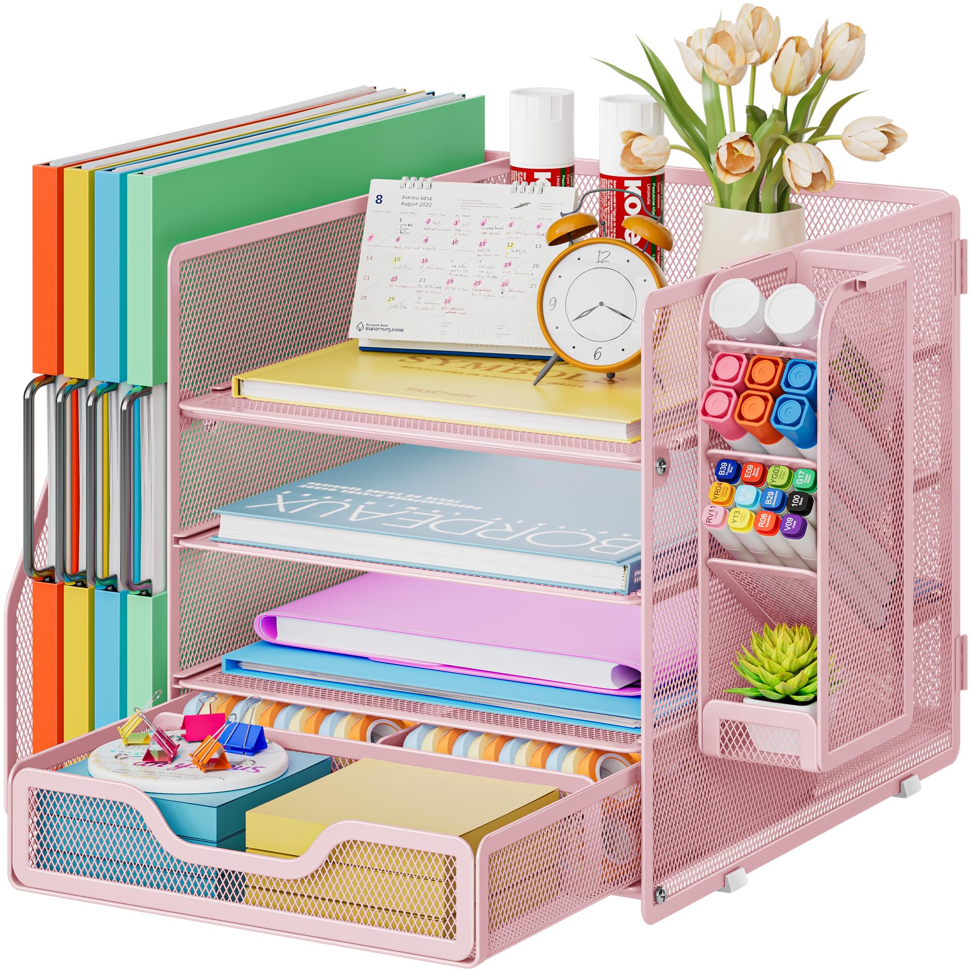 Marbrasse Mesh Desk Organiser,4-Tier Desk File Holder and Drawer,Multifunctional Desktop Paper Letter Tray with Pen Holder,Desktop Storage Organiser for Office Home and School (Pink)