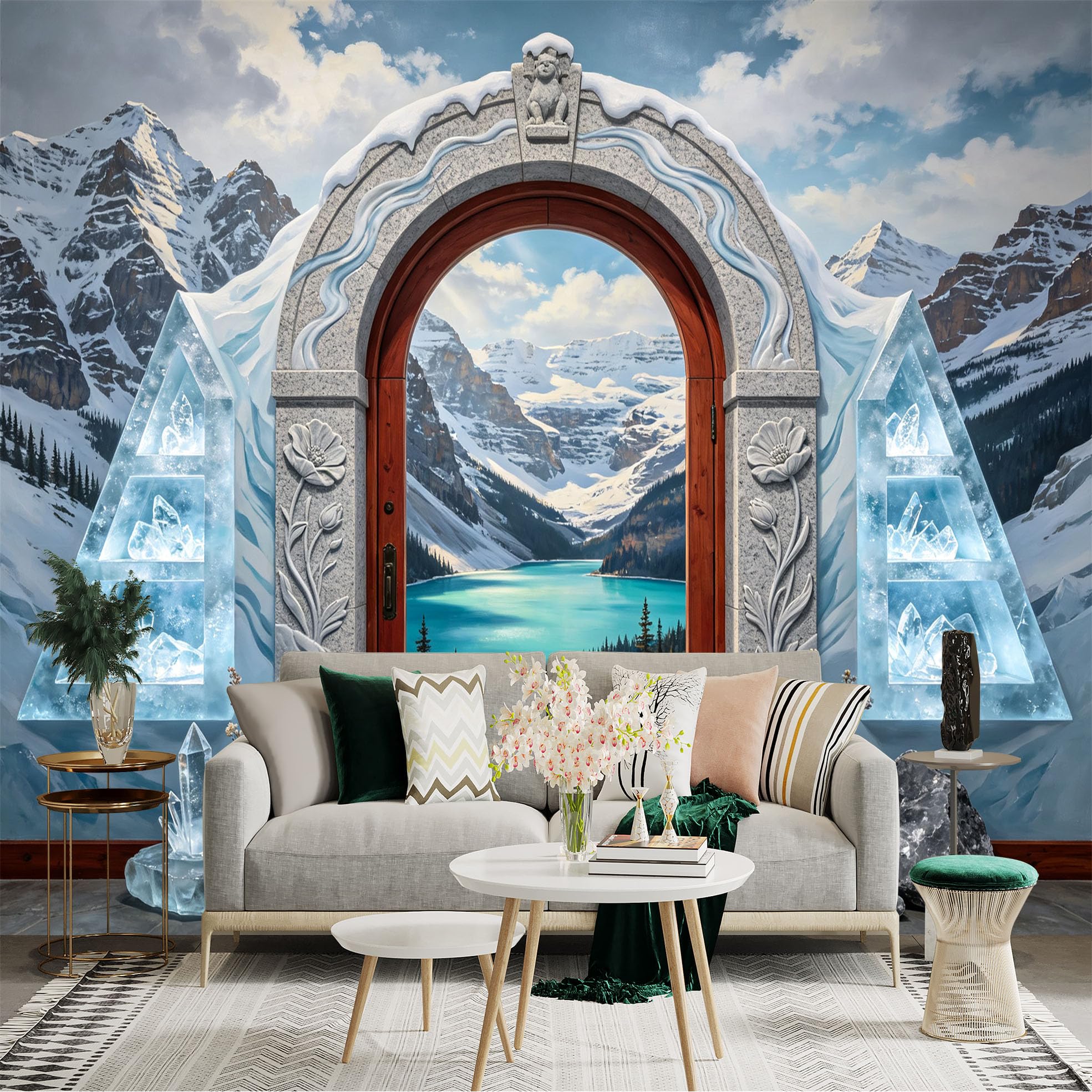 Custom Size Wall Sticker Mural， Snow Mountain Lake View Ice Crystal Archway Scenic Landscape， for wall Decoration， peelandstick wall Decals.