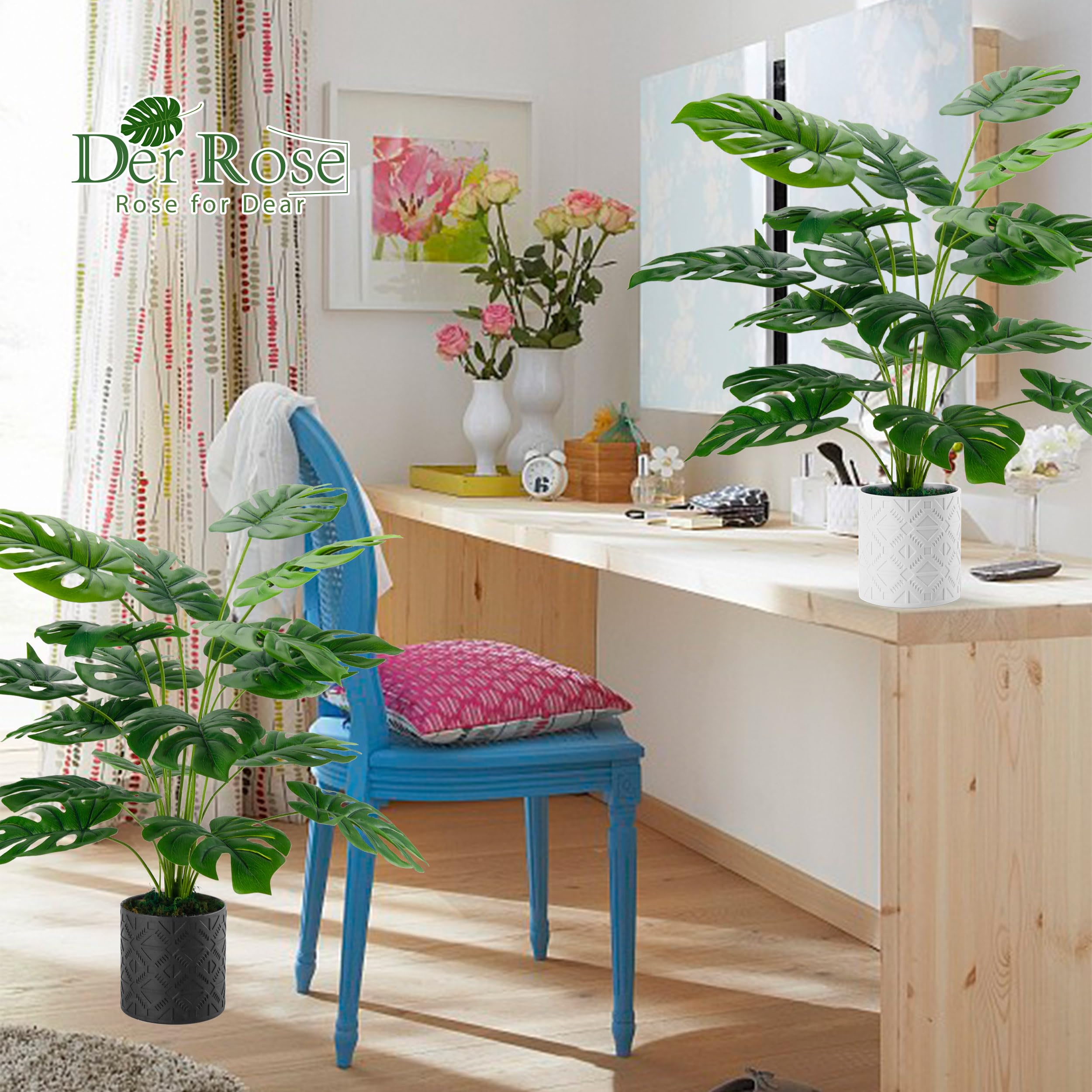 Der Rose Paquete de 2 plantas artificiales de 28 pulgadas para interiores, grandes plantas falsas en maceta, plantas de Monstera de imitación para interiores, para decoración del hogar, casa de campo