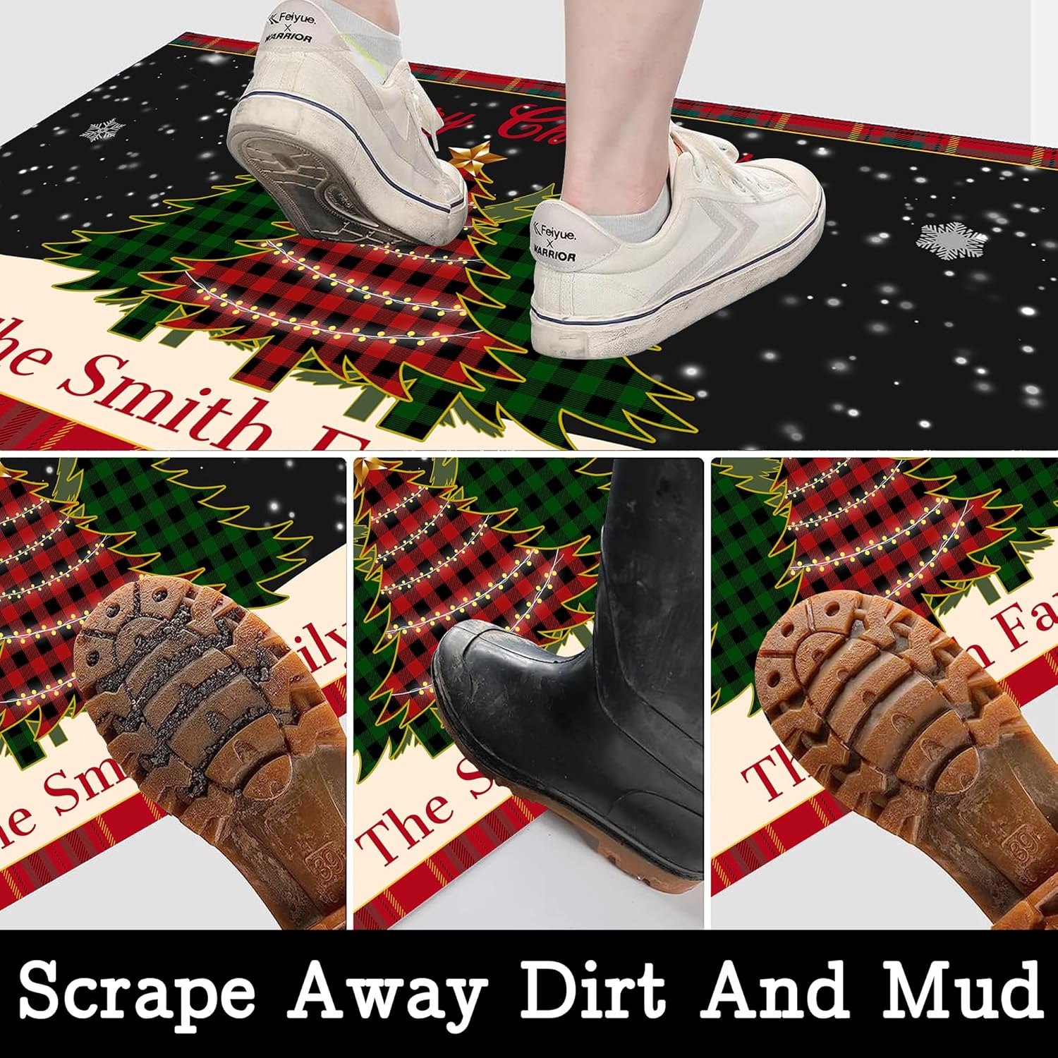 Personalized Christmas Door Mat with Family Name - Custom Christmas Rugs Outdoor Welcome Mat for Front Door - Anti-Slip Rubber Backed Outdoor Indoor Low Profile Xmas Floor(30"x18")