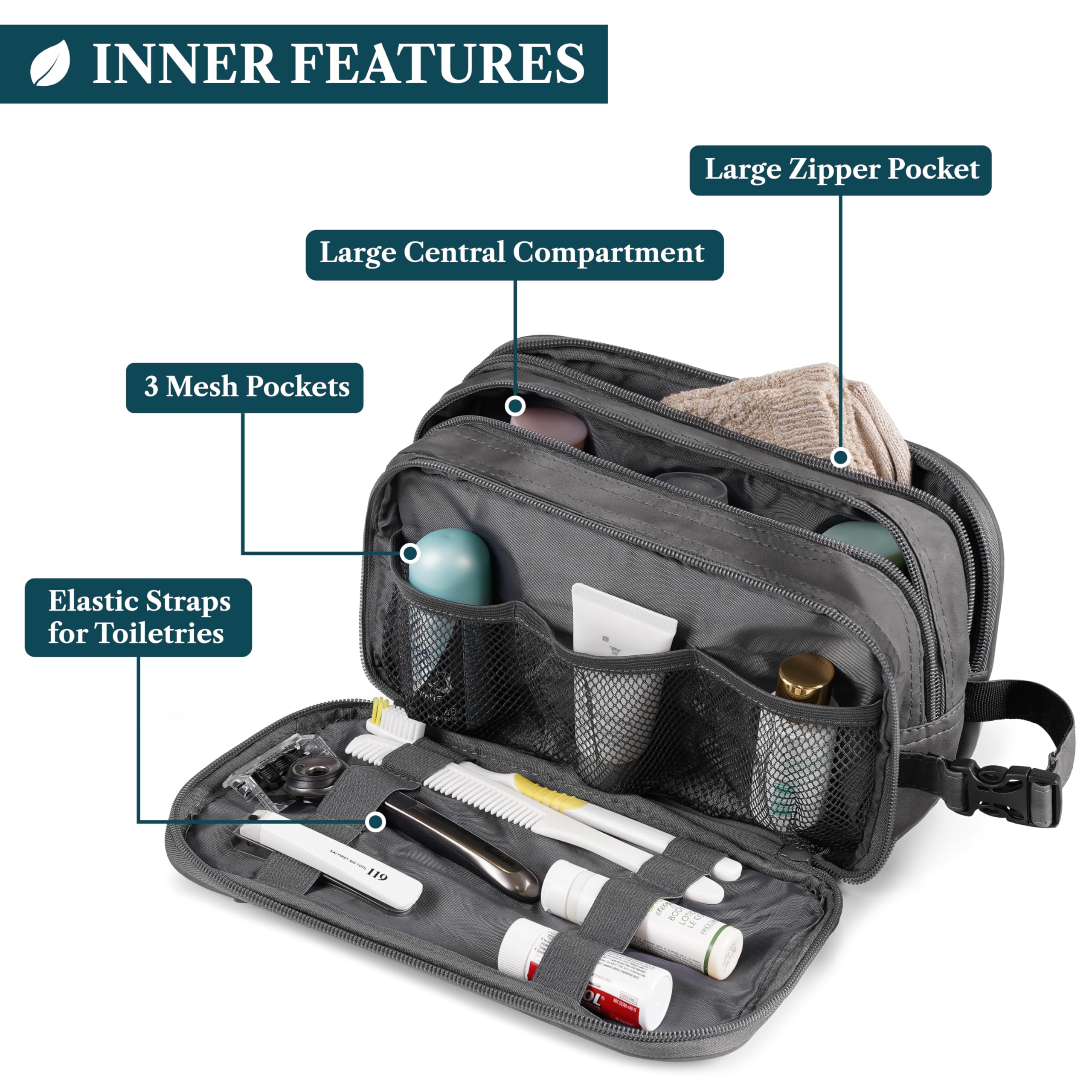 PAVILIA Kulturbeutel für Herren, Reiseutensilien, Dopp Kit, Kosmetik-Organizer, grau dunkel, Large (10.5x5.5x6), Kulturbeutel | Normale oder XL-Größe, mehrere Fächer, Reißverschlussöffnung, wasserabweisendes PU-Leder, Reise-Toilettenartikel-Schutz