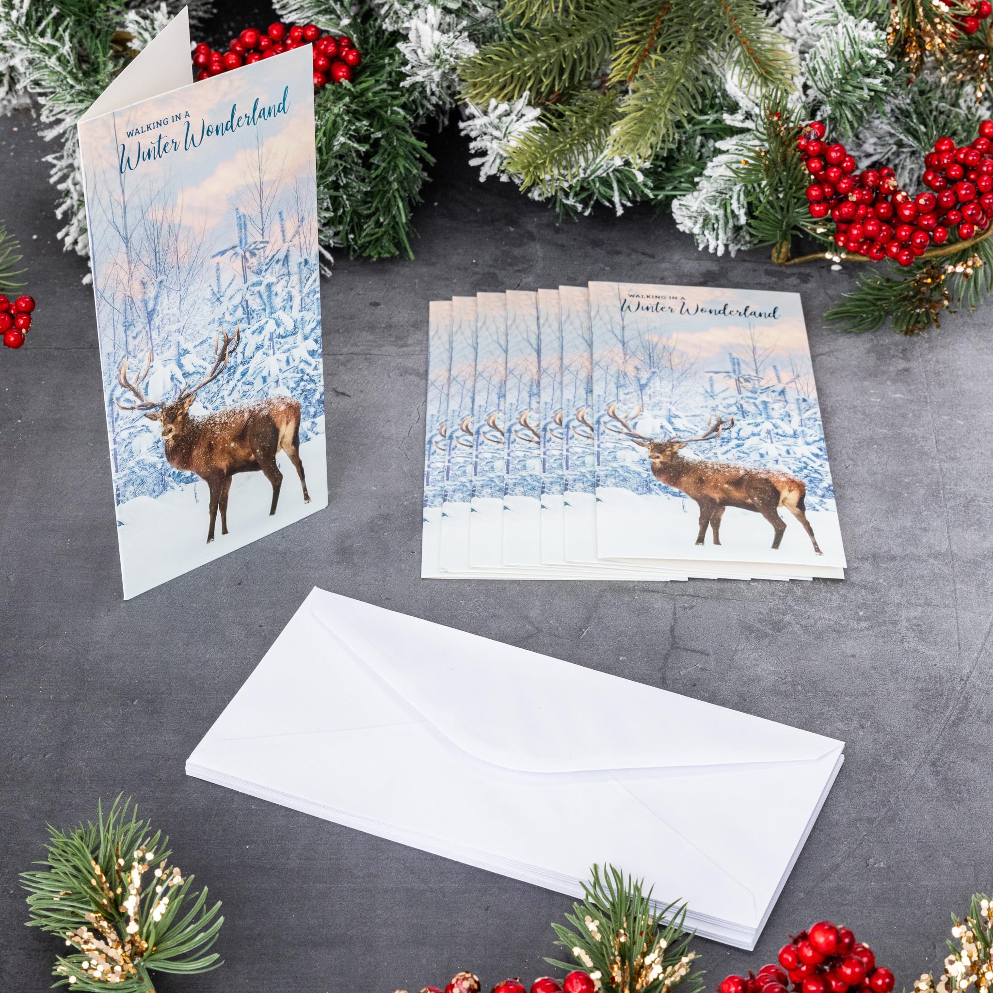 evelay Christmas Cards Pack 16 Slim Traditional Deer Fox Photo Xmas Card Set including White Envelopes Included (Deer, Fox) - Image 2