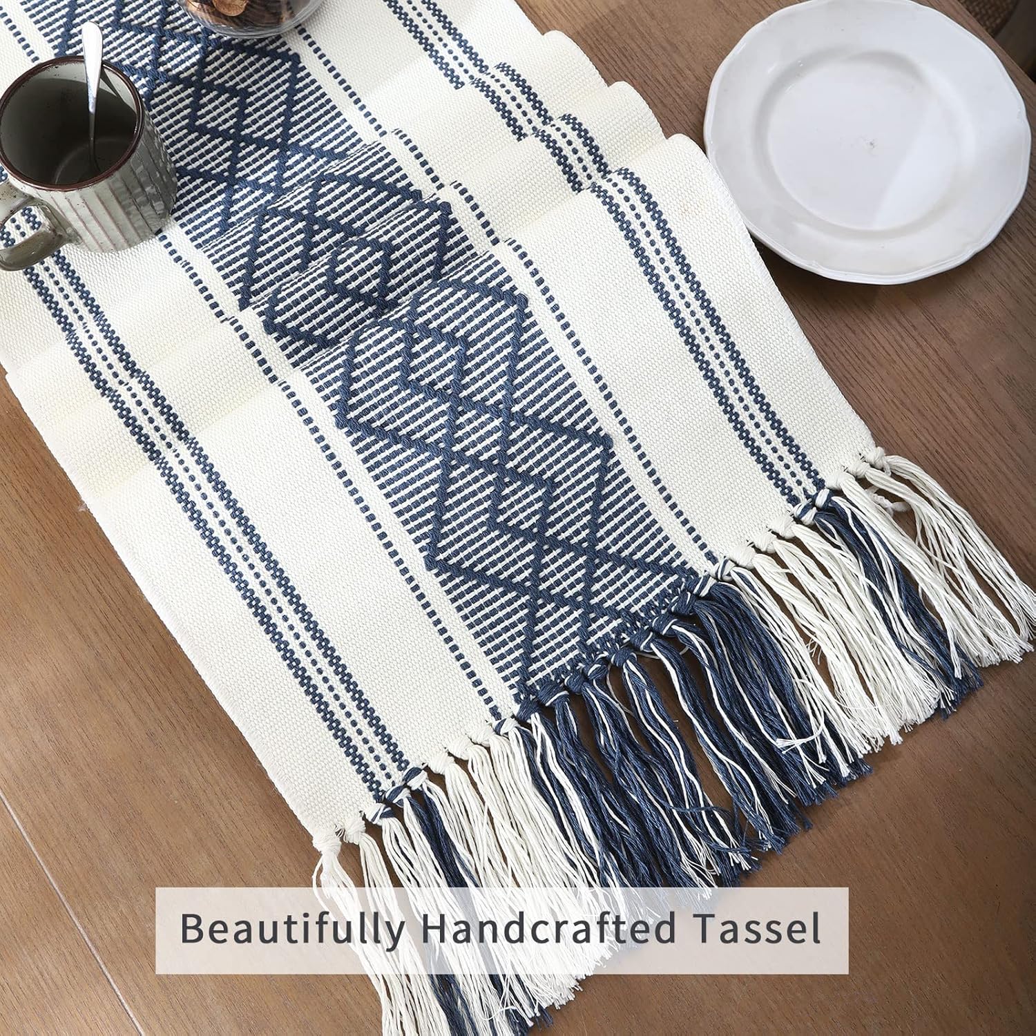 LUFEIJIASHI Woven Table Runner Farmhouse Style, Boho Table Runner 90 inches Long with Tassels, Elegant Washable Table Decor for Dining Room, Wedding, Holiday, Party (14.5x90 inch, Blue)