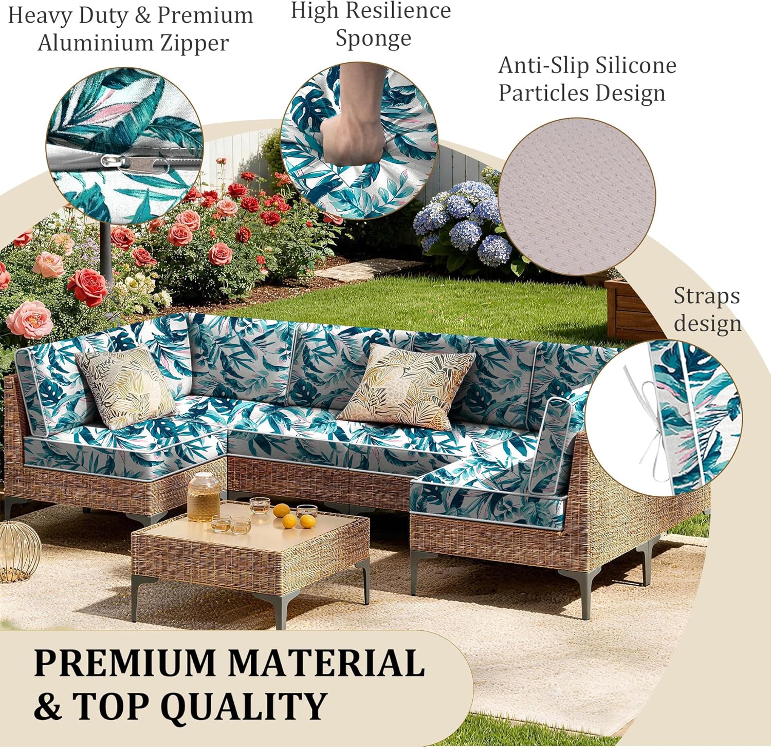 Outdoor Sectional Cushions 14-Piece Replacement Cushions Set for 6-Seat Patio Furniture Waterproof 4'' Thick Outdoor Sofa Cushion Patio Wicker Couch Cushion (Hawaiian Leaves, 14-Piece Set)
