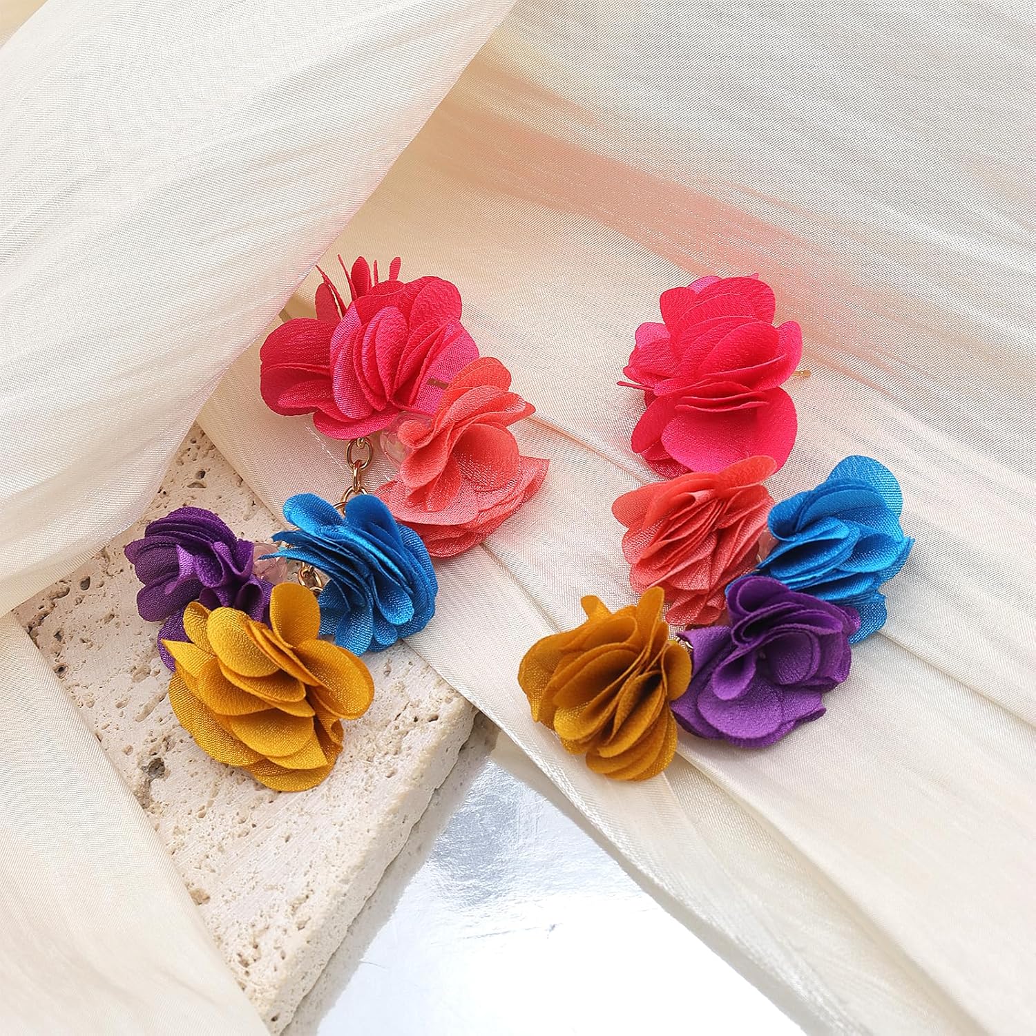 Boho Flower Earrings for Women Colorful Long Floral Drop Dangle Earrings Lightweight Fabric Petal Statement Earrings Trendy Holiday Jewelry Gifts - Image 6
