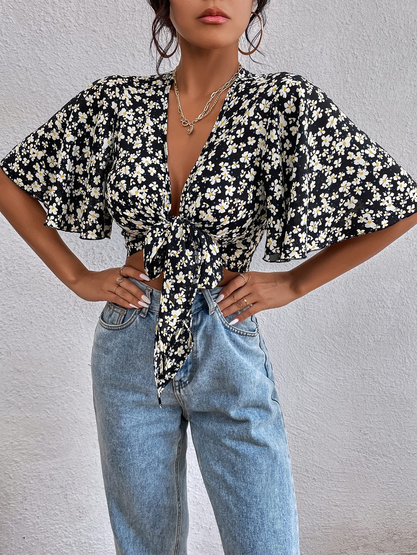 Crop top à col en V profond avec cravate de cou ajustable imprimé floral M