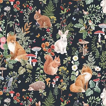 Livelynine Black Whimsical Forest Wallpaper Peel and Stick Vintage Whimsical Woodland Animal Print Wallpaper Adhesive Contact Paper for Cabinets Forest Creative Fox Mushroom Bunny Rabbit 17.5x78.8