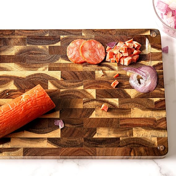 TJ POP Acacia Wood Cutting Board, Grain Inlay Parquet, Hard and Durable, Impact Resistant, High Durability, High Anti-corrosion, Easy to Dry, Grooved to Catch Juices, Vertical Fiber, Knife Edge
