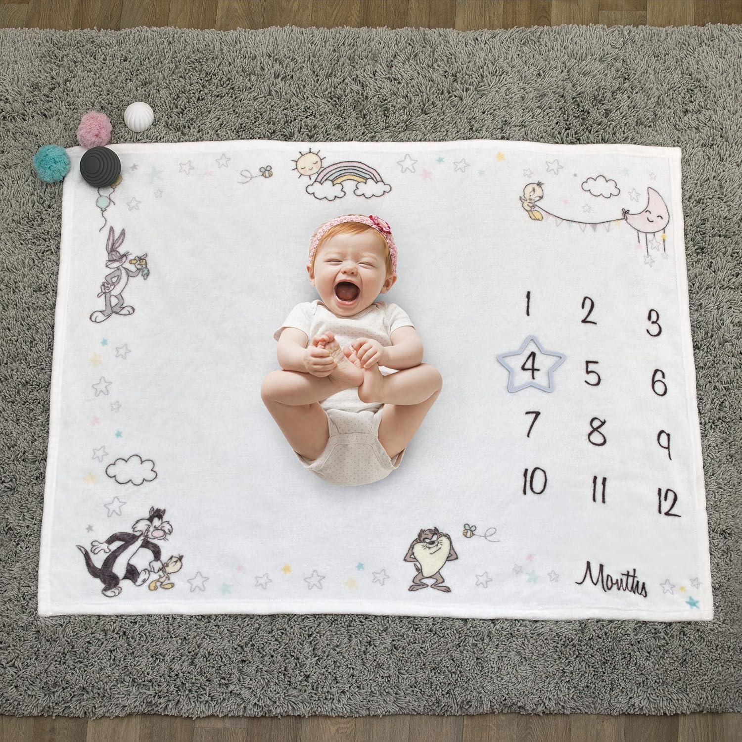 Warner Brothers Looney Tunes Best Buds White with Pastel Blue, Pink, and Yellow Bugs Bunny, Tweety, Tasmanian Devil, and Sylvester The Cat Milestone Blanket