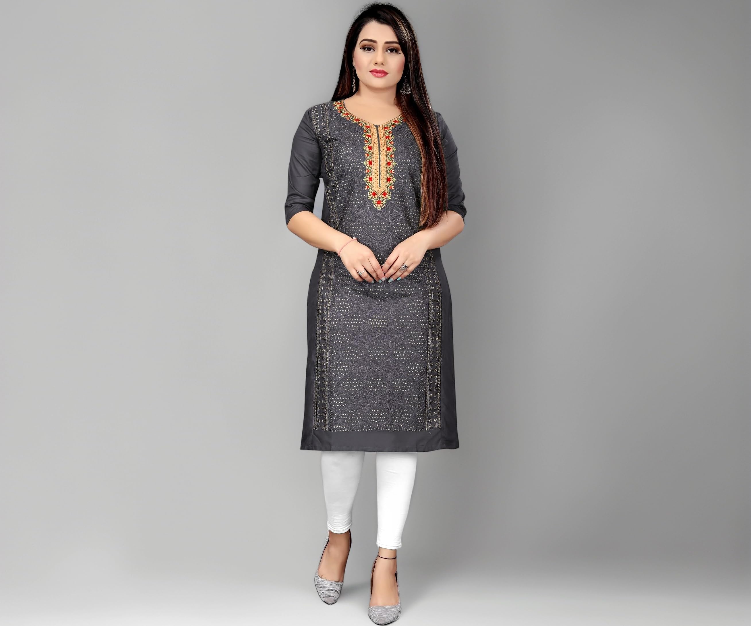 Women's Embroidery Rayon Regular Fit 3/4 Sleeve Lightweight Casual Ethenic Wear Kurti (D_G_560160)